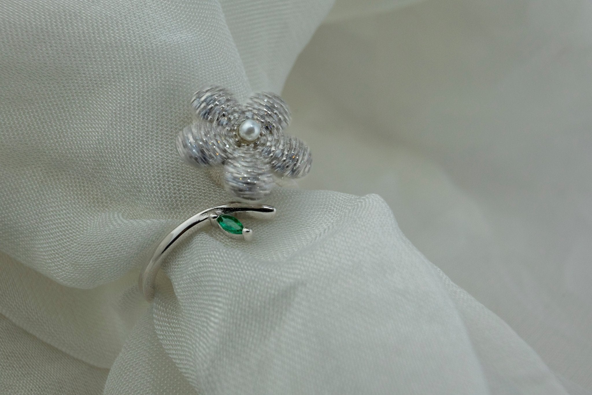 Pave CZ Flower & Leaf Ring - Miraura Jewels