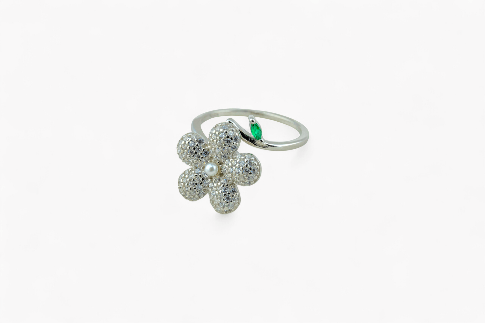 Pave CZ Flower & Leaf Ring - Miraura Jewels