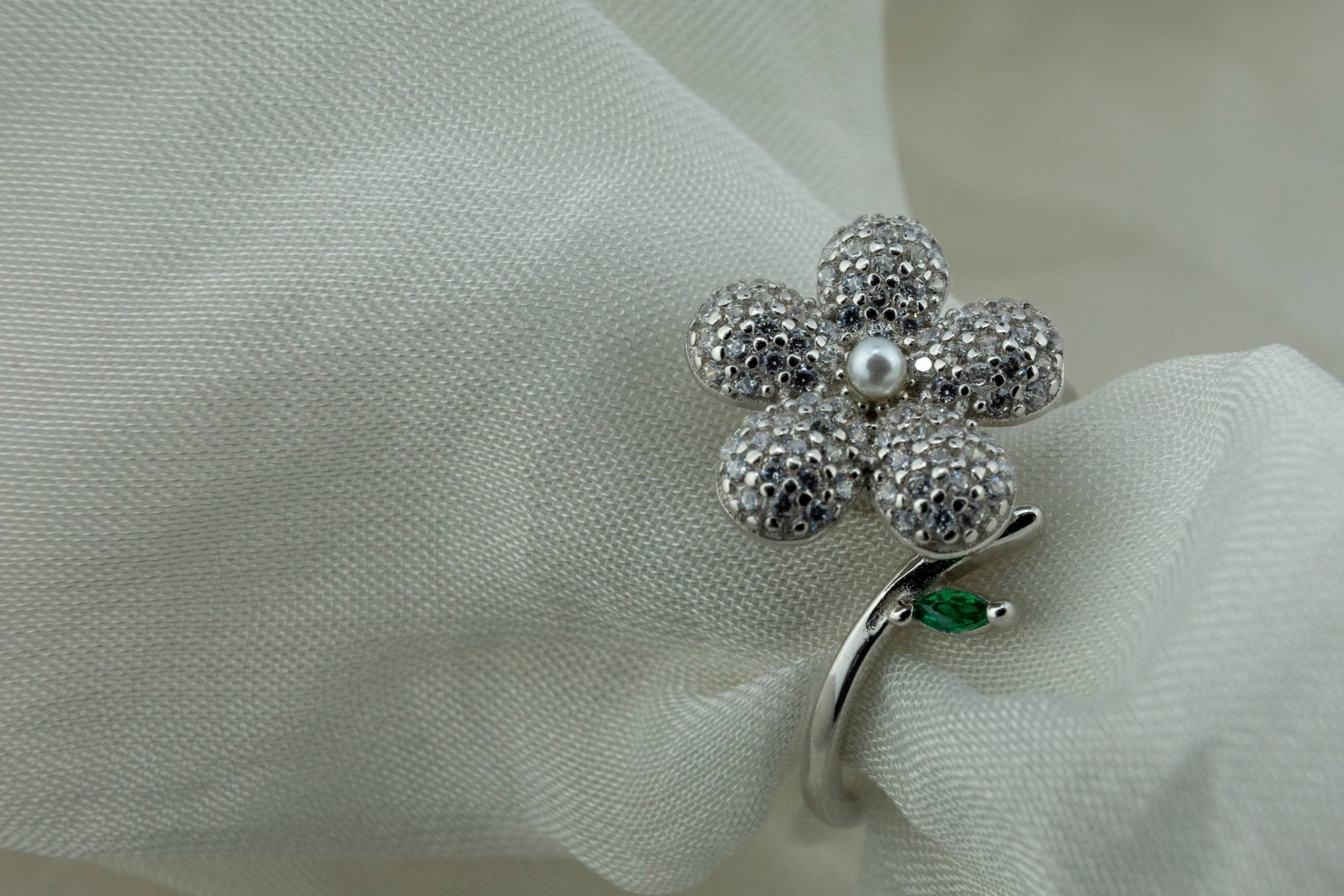 Pave CZ Flower & Leaf Ring - Miraura Jewels