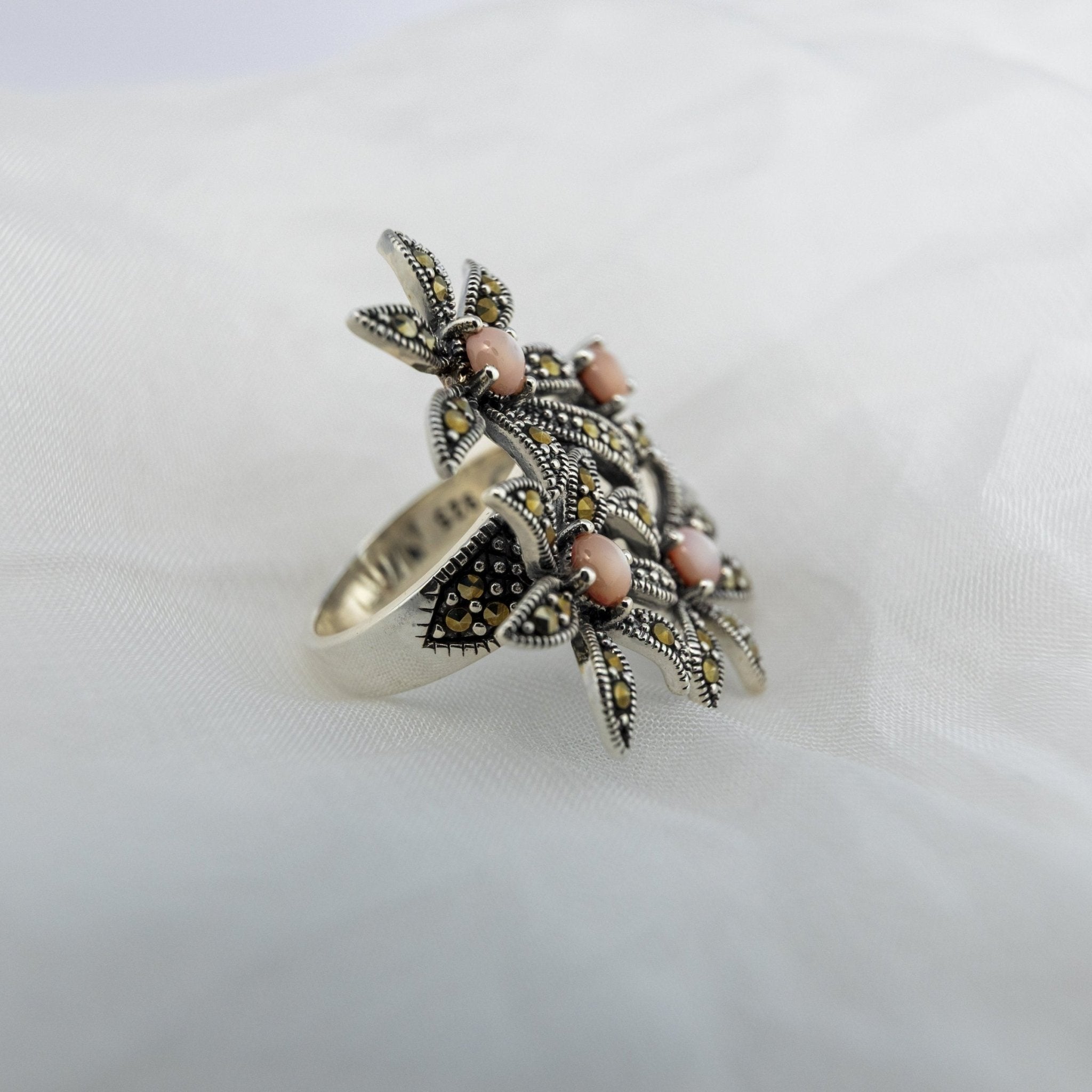 Pink Stone & Marcasite Floral Ring - Miraura Jewels