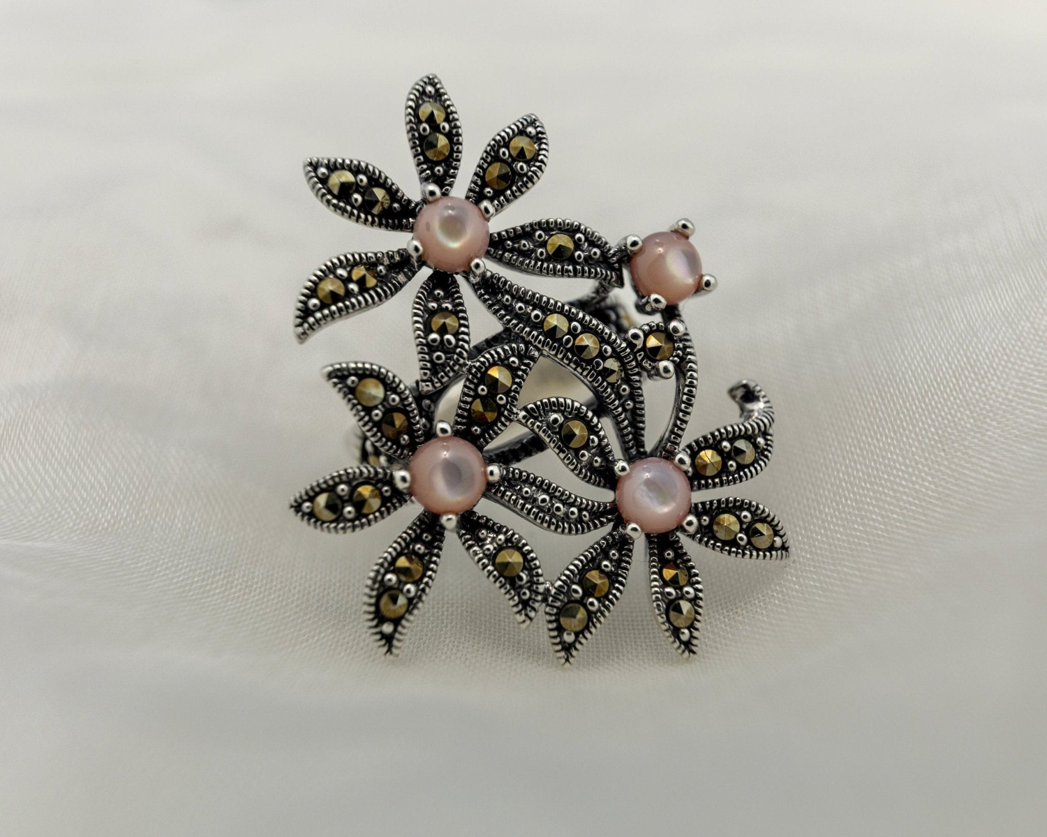 Pink Stone & Marcasite Floral Ring - Miraura Jewels