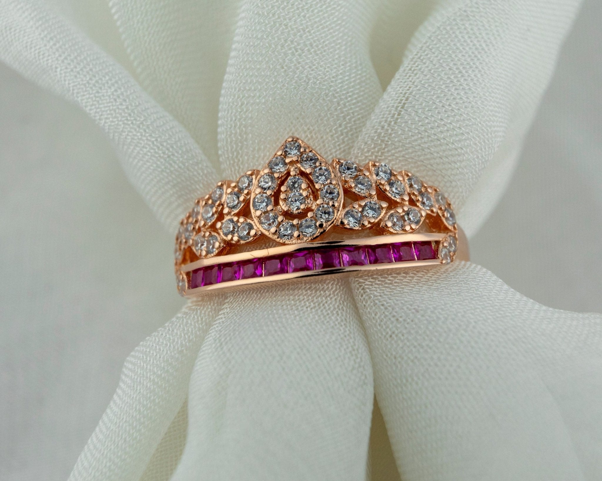 Princess Tiara Ring with Pink Stones - Miraura Jewels