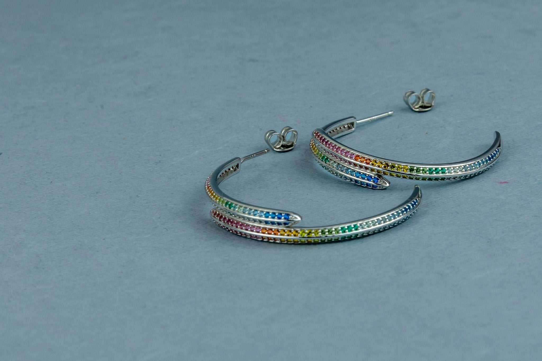 Rainbow Pavé Crossover Hoop Earrings - Miraura Jewels
