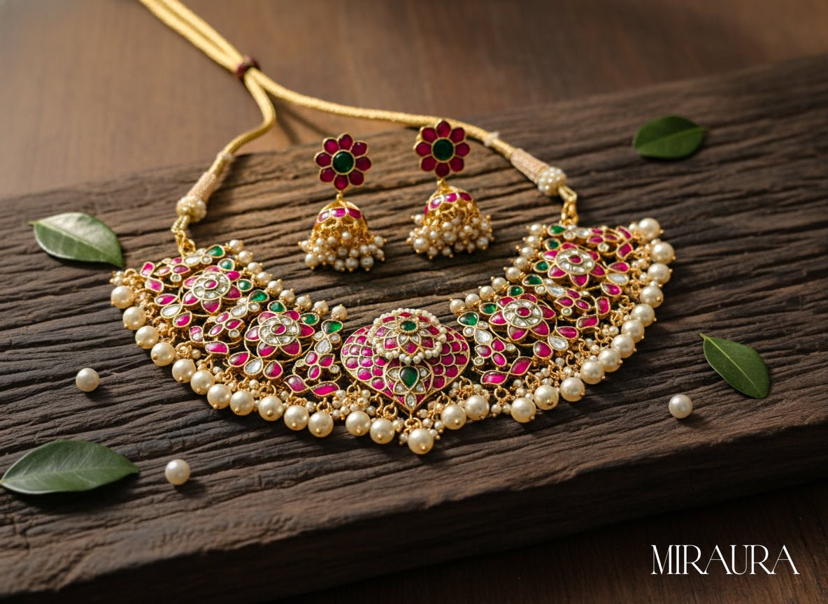 Regal 925 Silver Kundan Choker Set | Gold Plated Jadau Necklace with Ruby & Emerald Color Stone & Pearls - Miraura Jewels