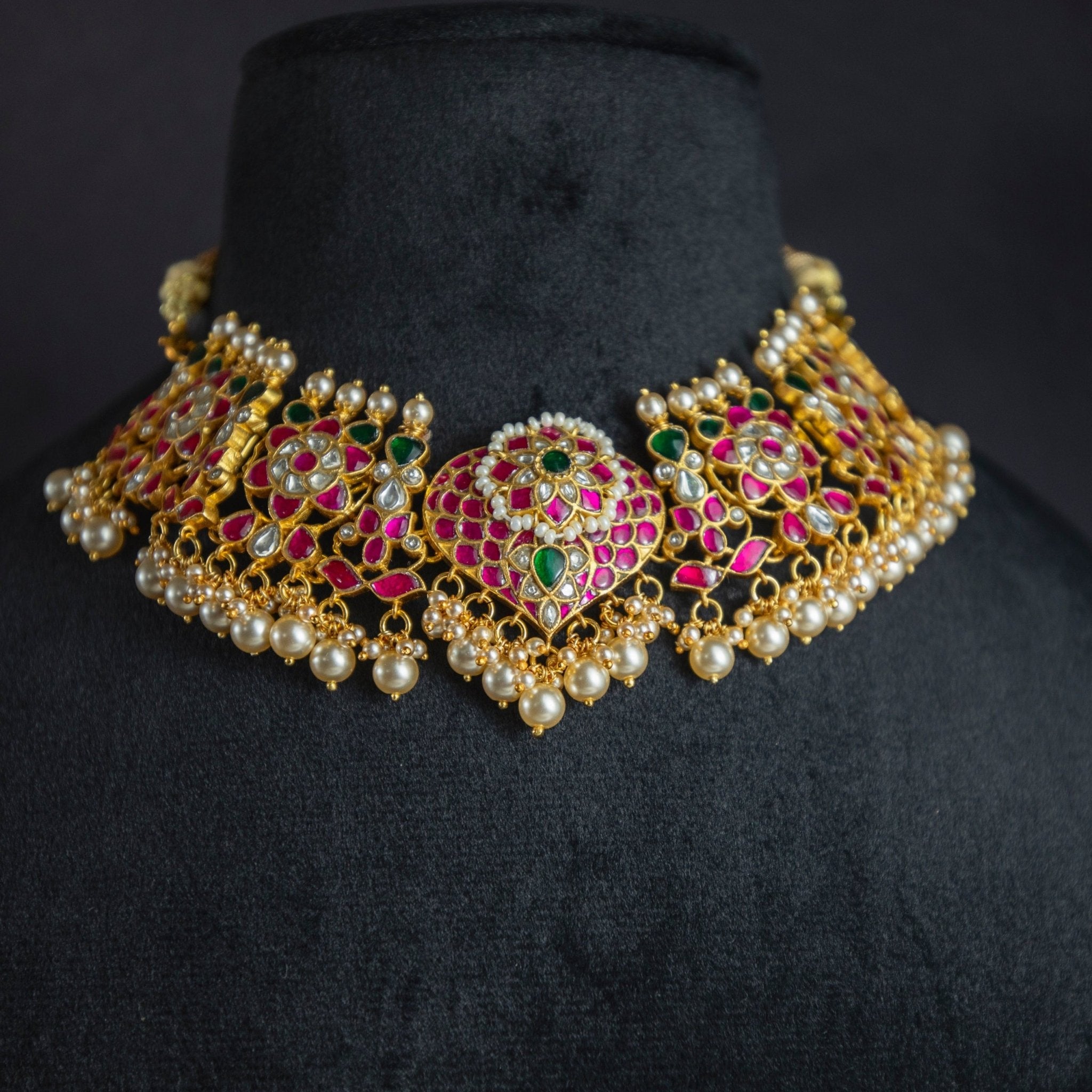 Regal 925 Silver Kundan Choker Set | Gold Plated Jadau Necklace with Ruby & Emerald Color Stone & Pearls - Miraura Jewels