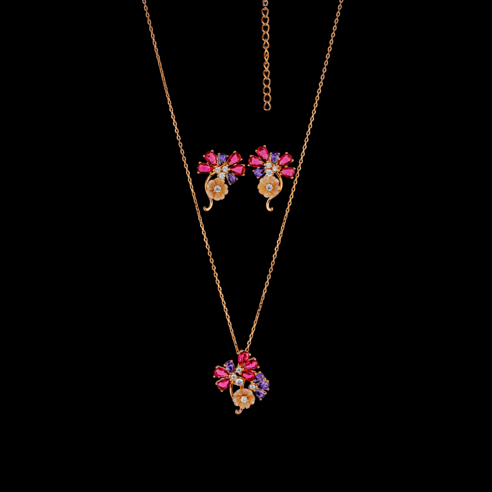 Rose Gold Amethyst & Ruby Floral Cluster Set - Miraura Jewels
