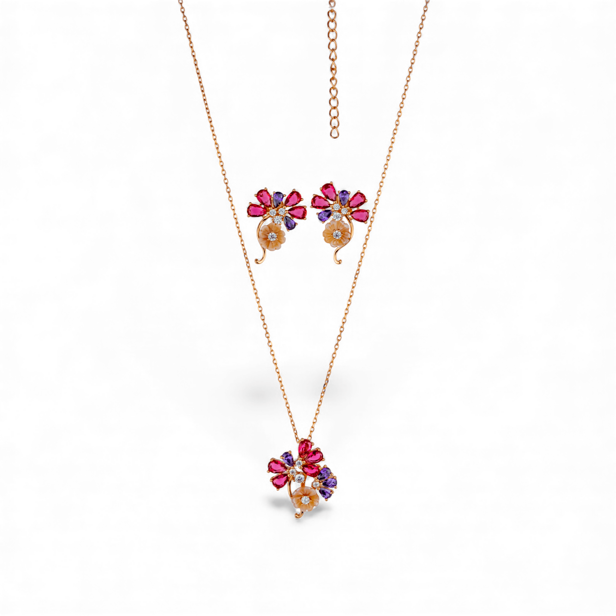 Rose Gold Amethyst & Ruby Floral Cluster Set - Miraura Jewels