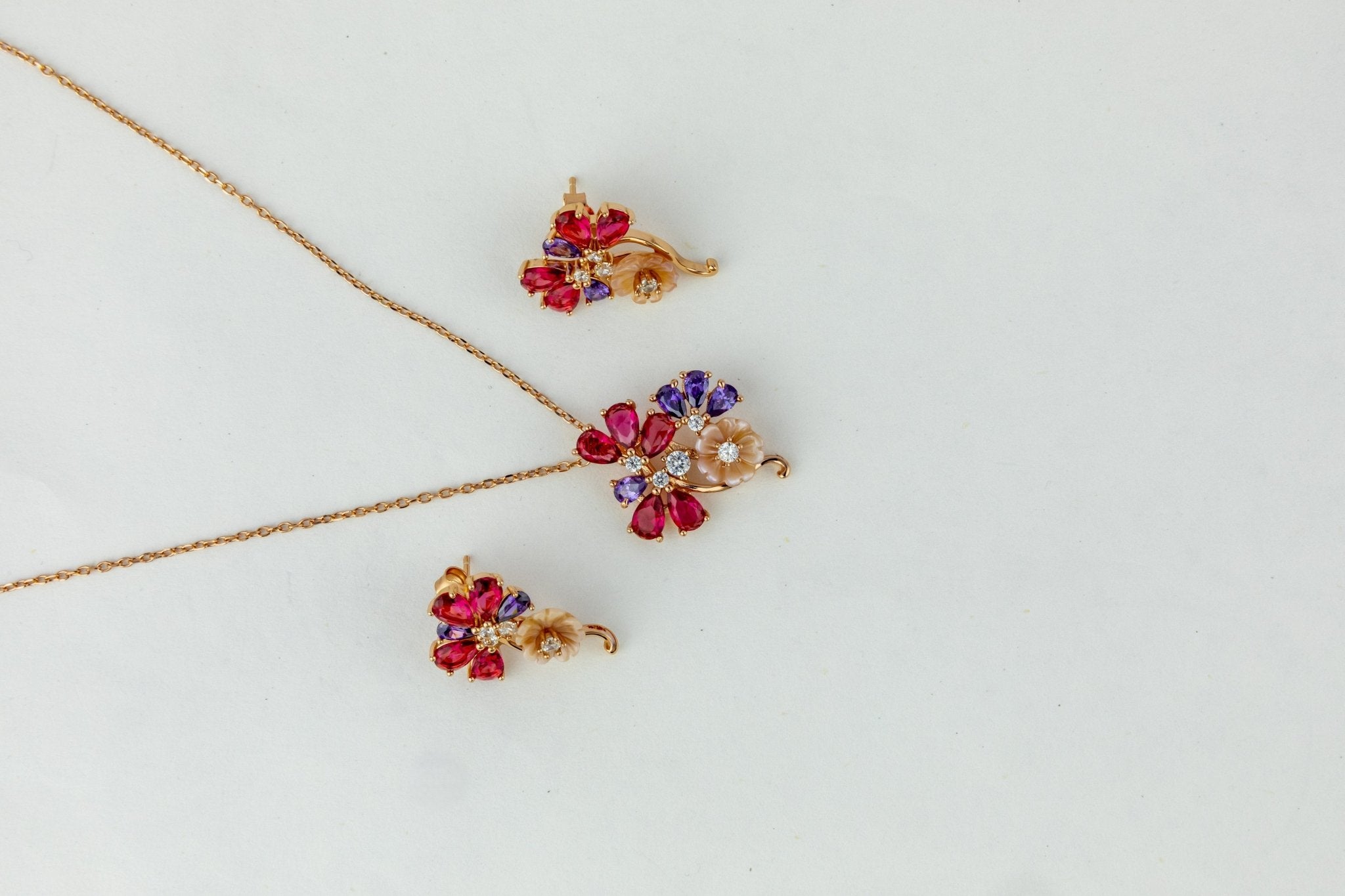 Rose Gold Amethyst & Ruby Floral Cluster Set - Miraura Jewels