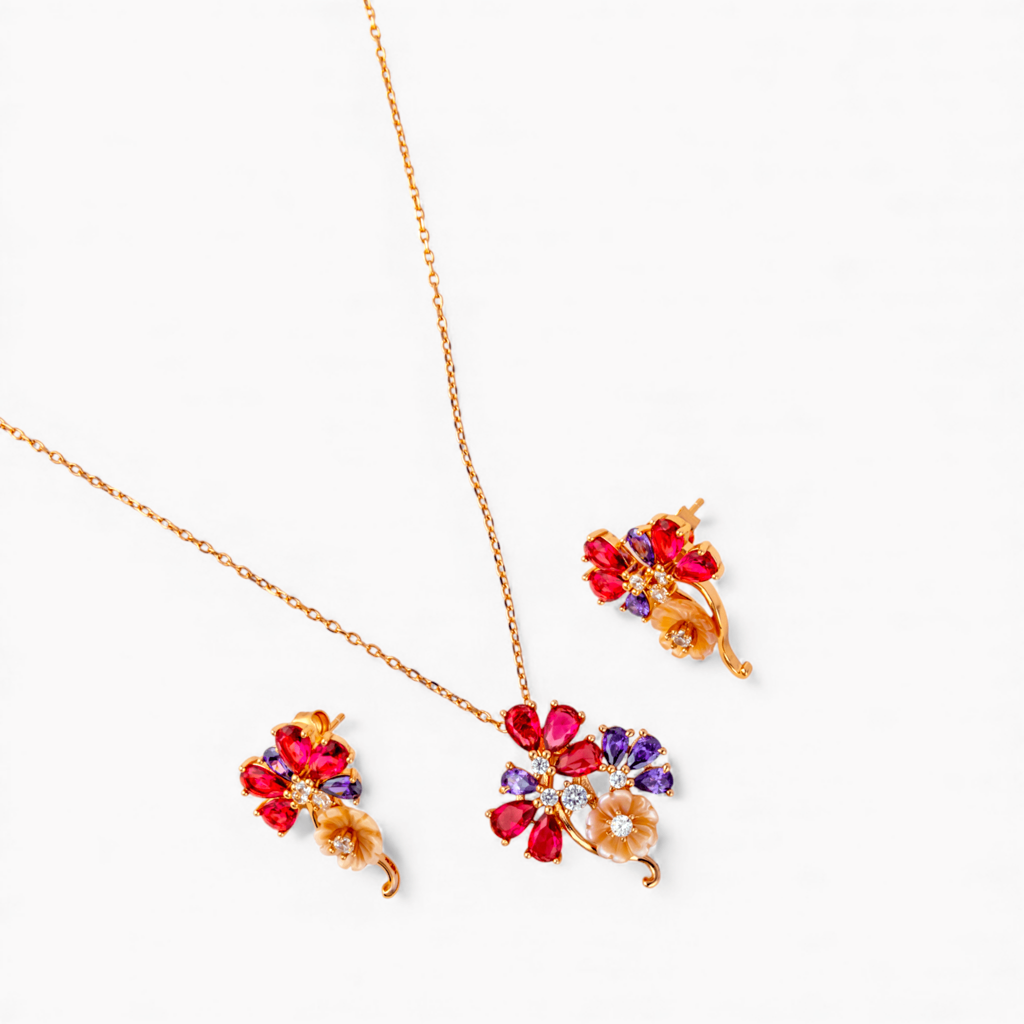 Rose Gold Amethyst & Ruby Floral Cluster Set - Miraura Jewels