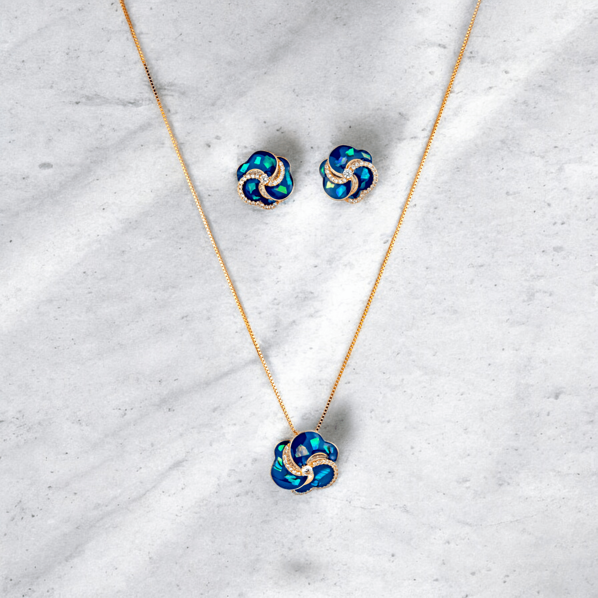 Rose Gold and Blue Enamel Knot Jewelry Set - Miraura Jewels