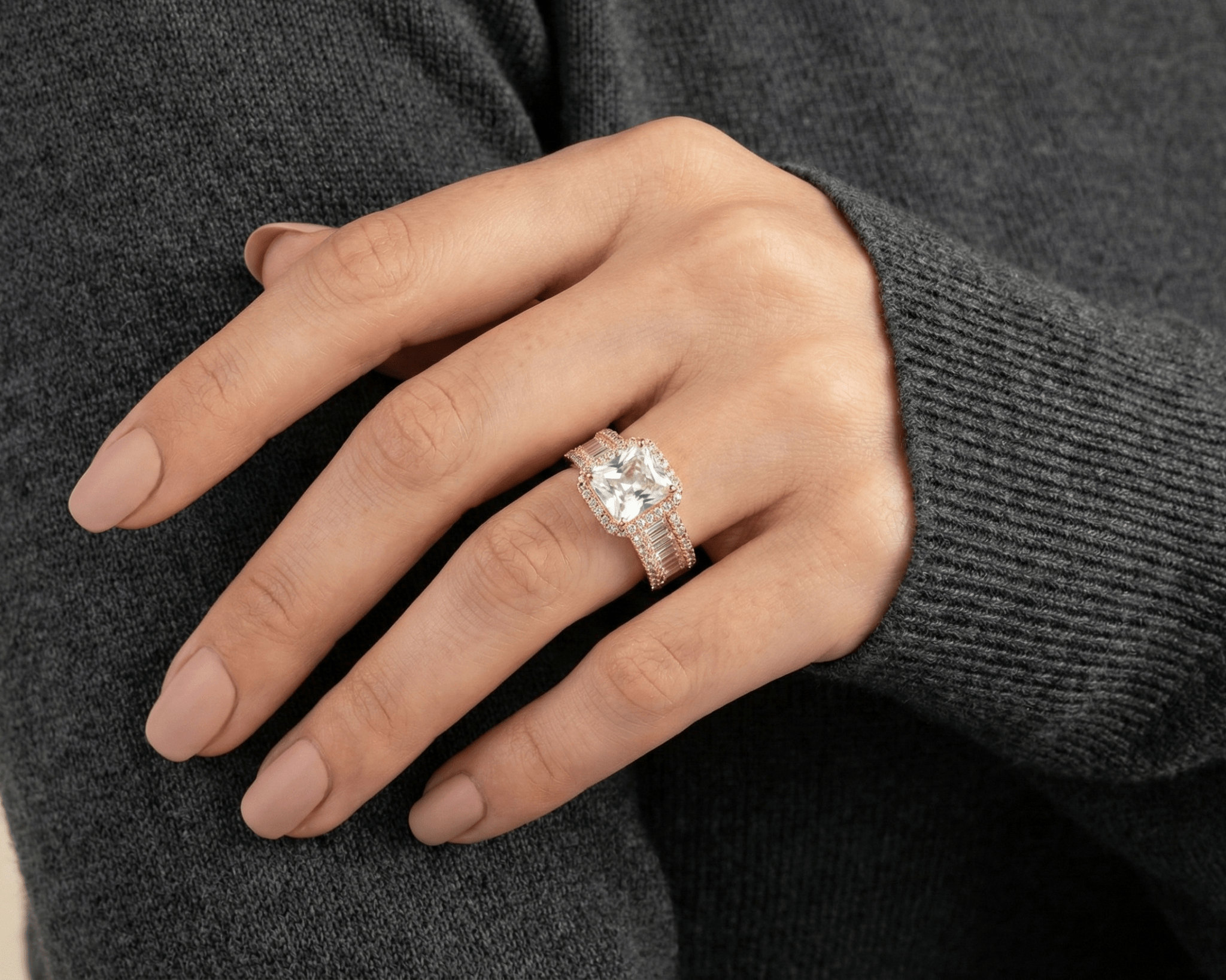 Rose Gold Emerald - Cut Halo Ring - Miraura Jewels