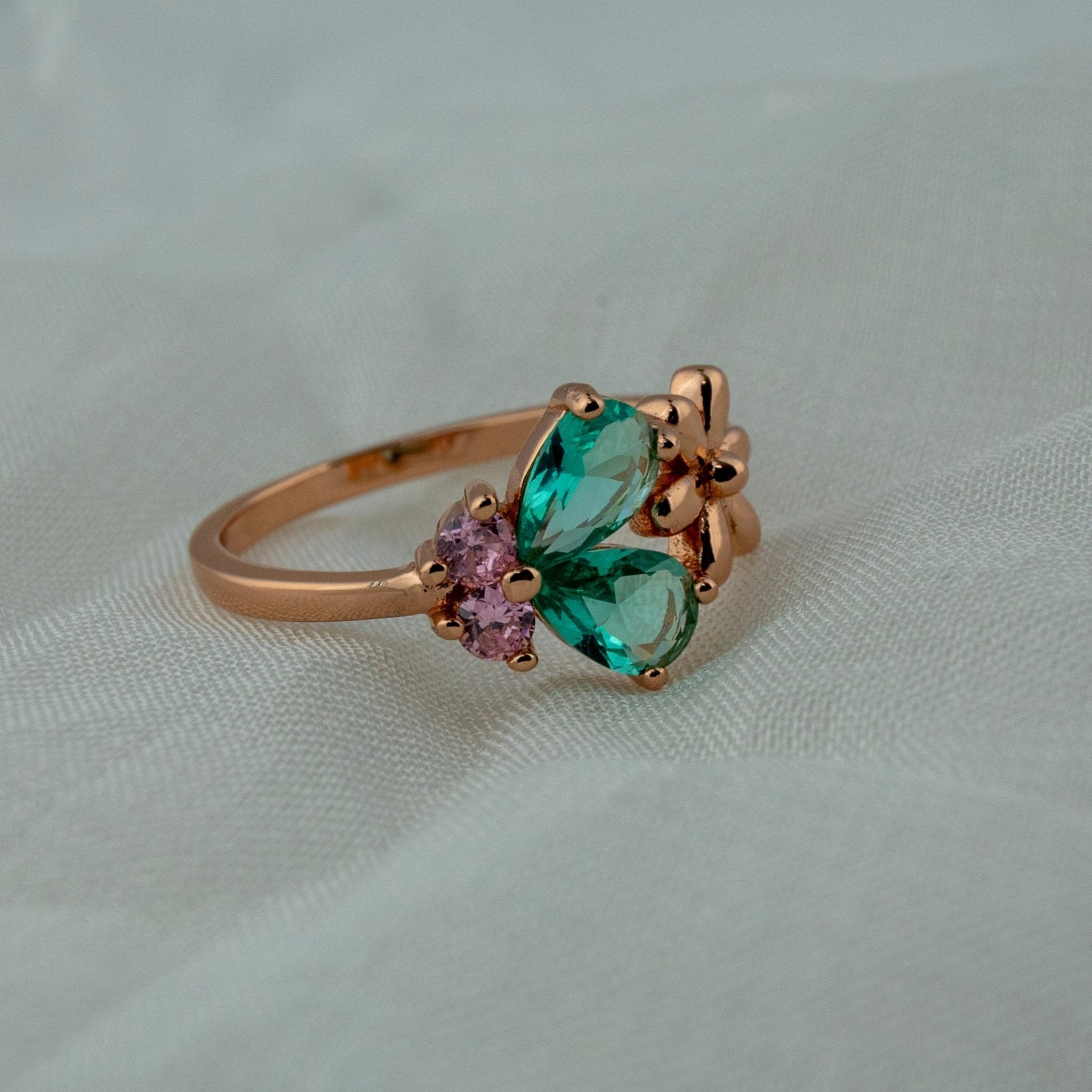 Rose Gold Green Stone Flower Ring - Miraura Jewels