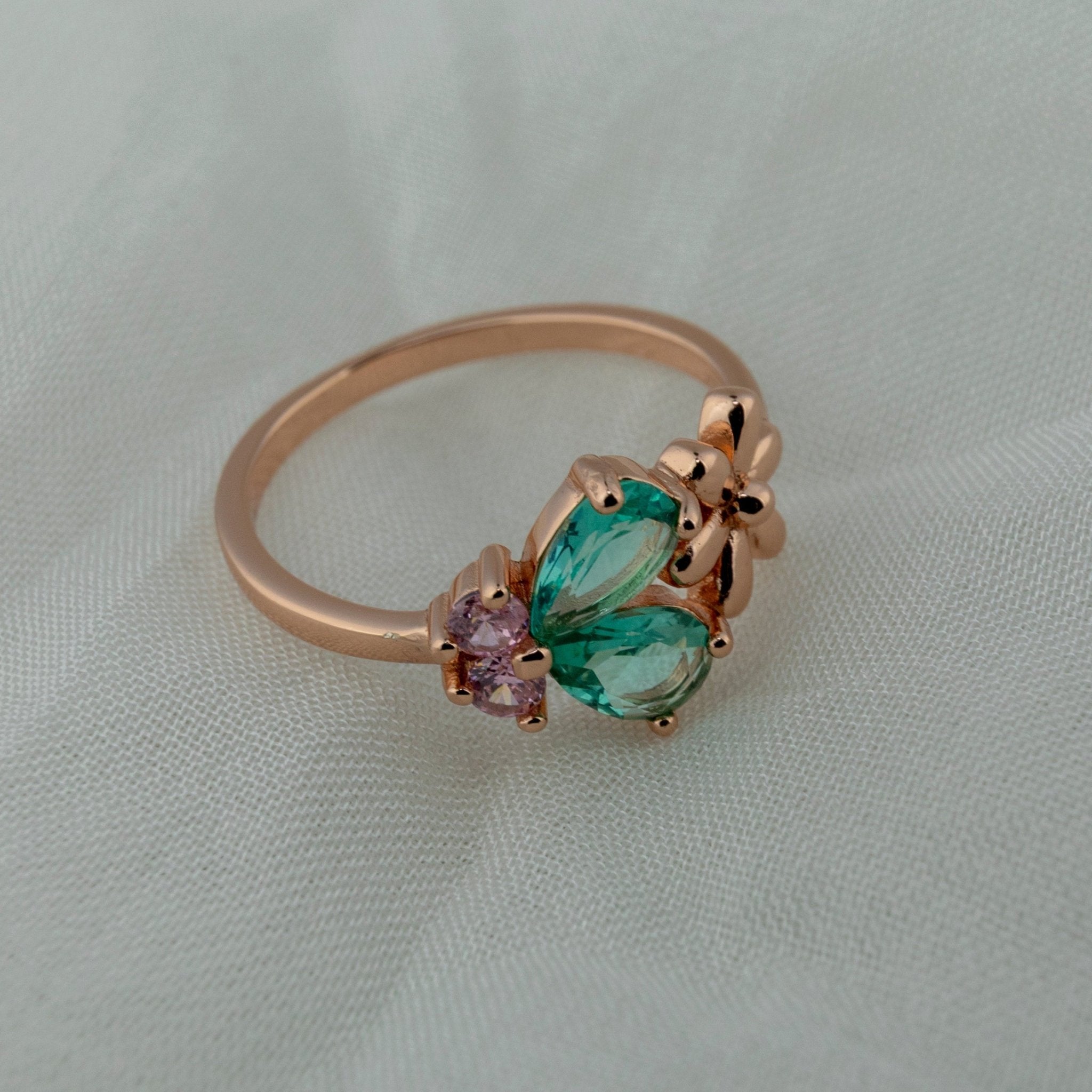Rose Gold Green Stone Flower Ring - Miraura Jewels