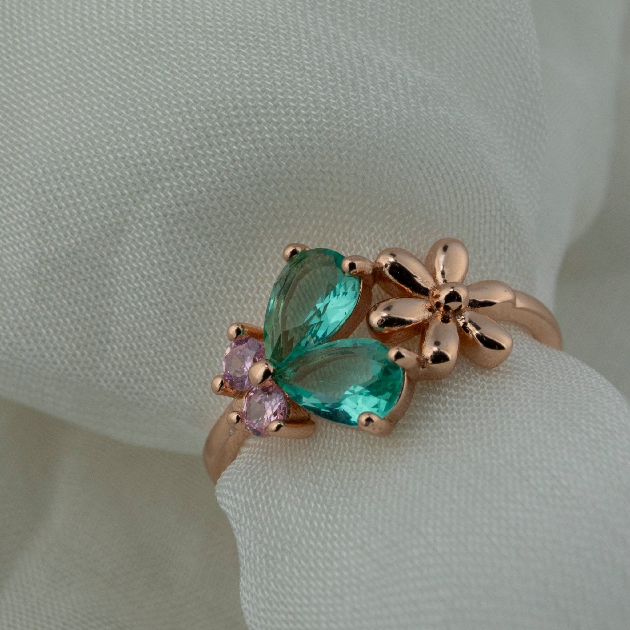 Rose Gold Green Stone Flower Ring - Miraura Jewels