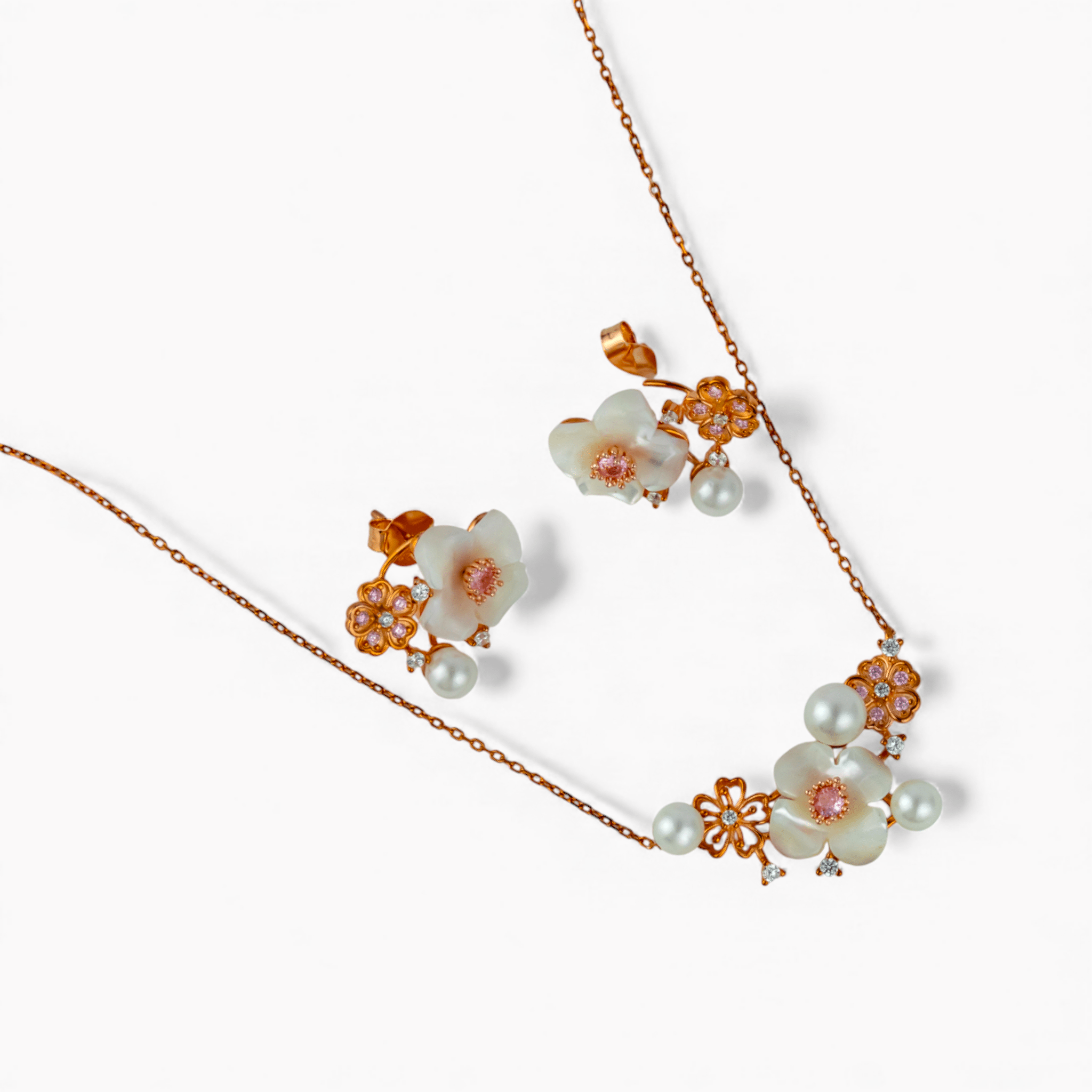 Rose Gold Mother of Pearl & Pearl Blossom Set - Miraura Jewels