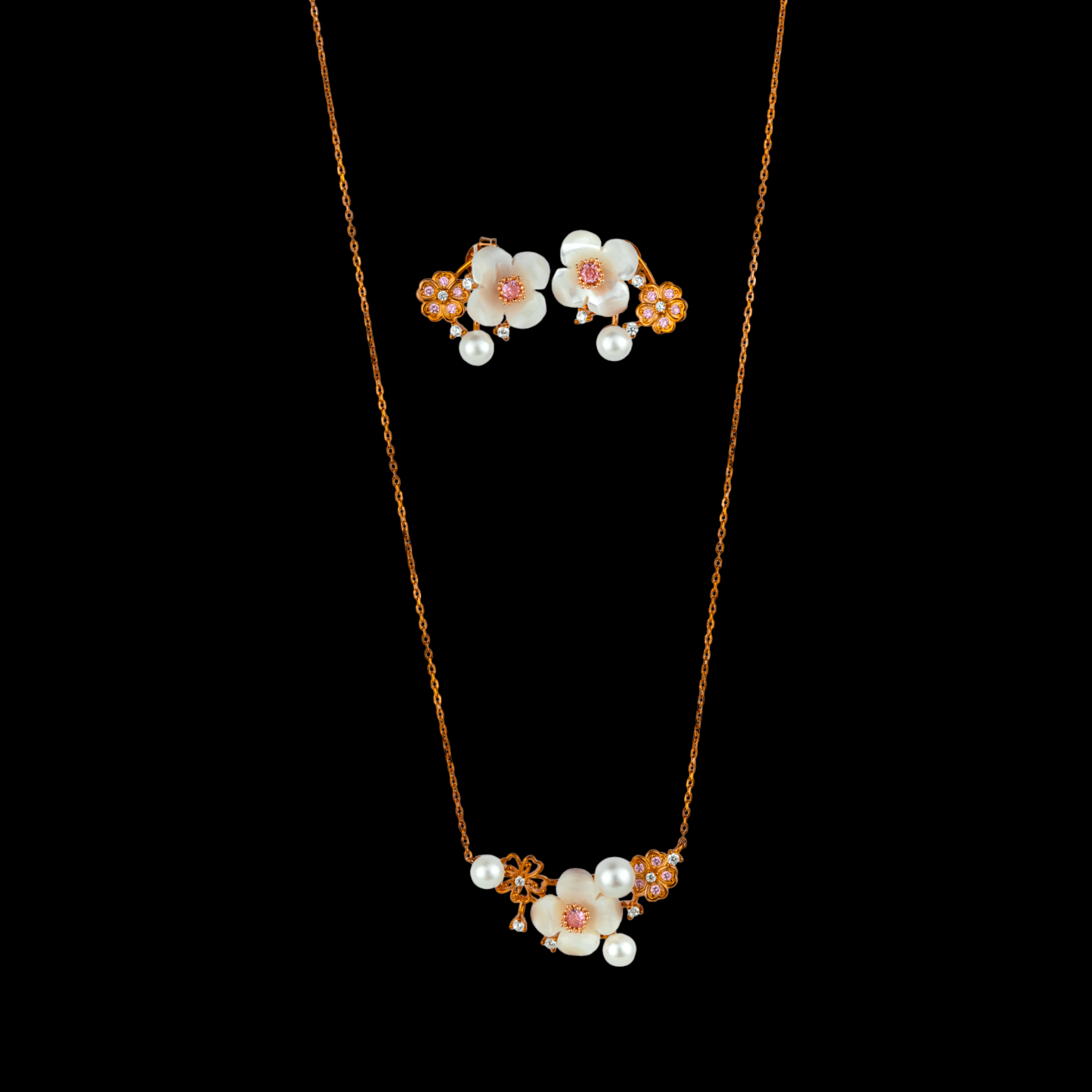 Rose Gold Mother of Pearl & Pearl Blossom Set - Miraura Jewels