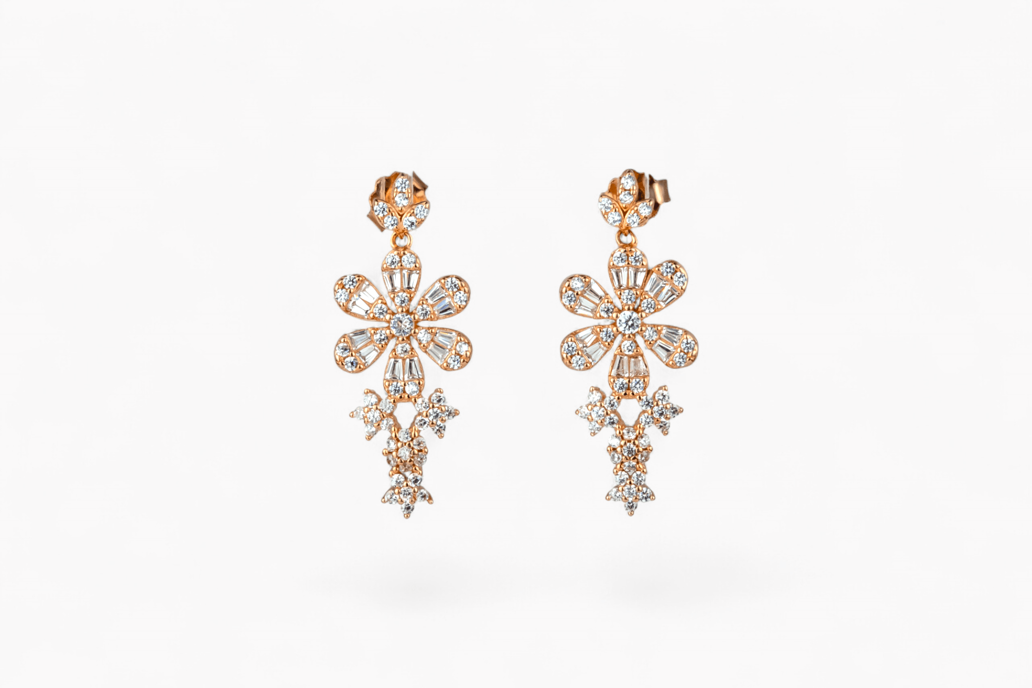 Rose Gold Pavé Floral Drop Earrings - Miraura Jewels