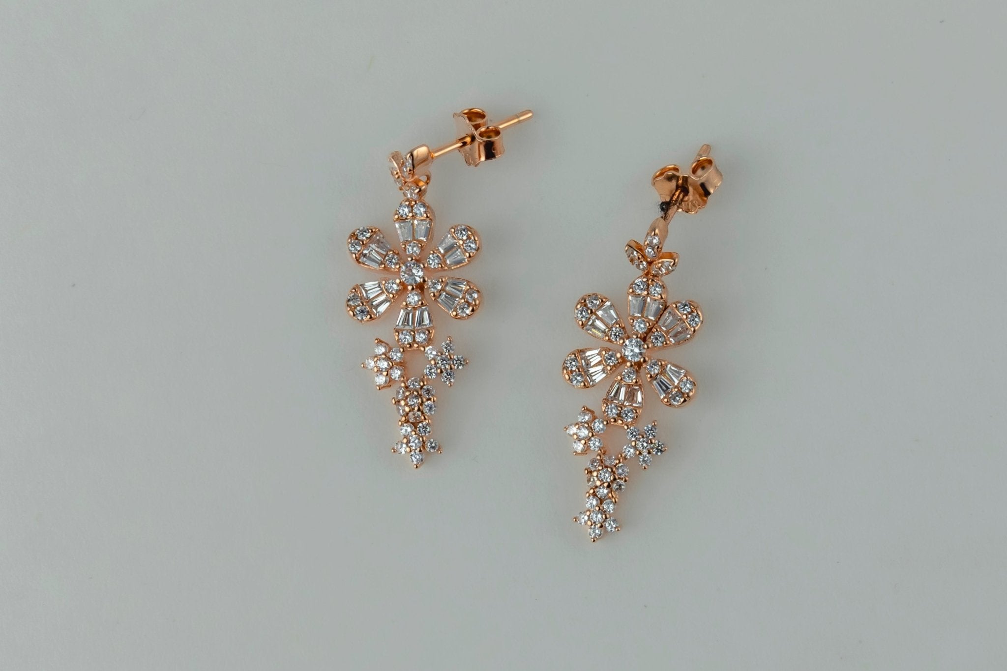 Rose Gold Pavé Floral Drop Earrings - Miraura Jewels