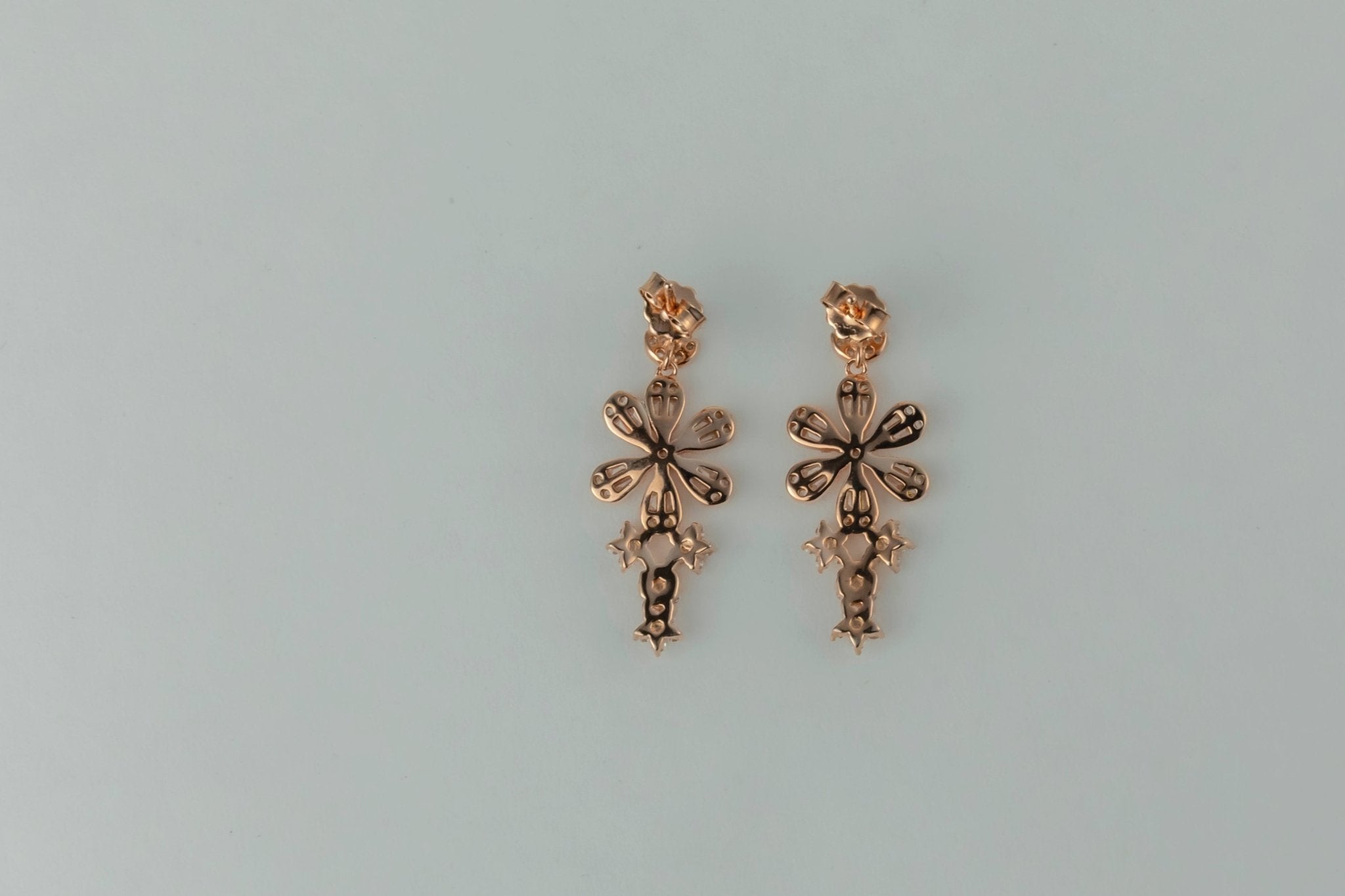 Rose Gold Pavé Floral Drop Earrings - Miraura Jewels