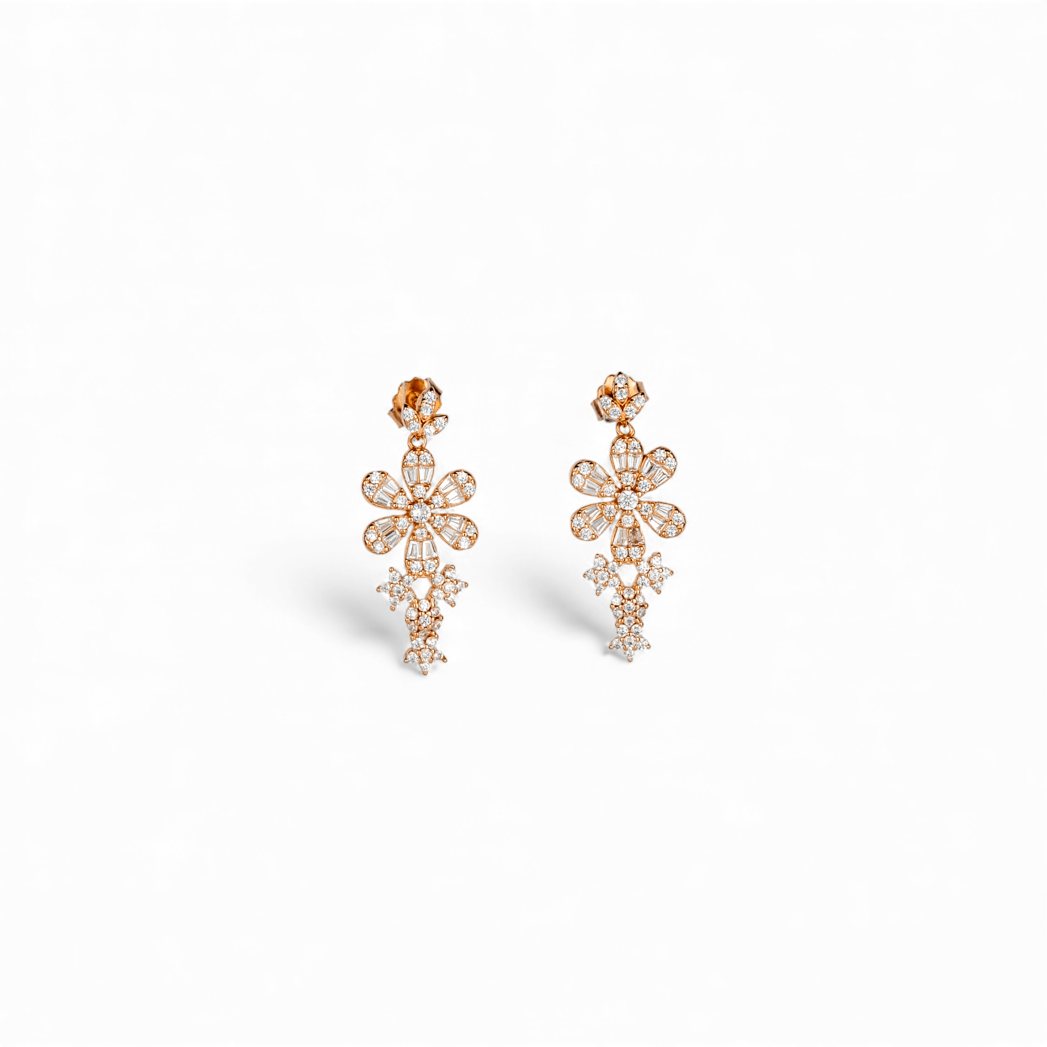 Rose Gold Pavé Floral Drop Earrings - Miraura Jewels