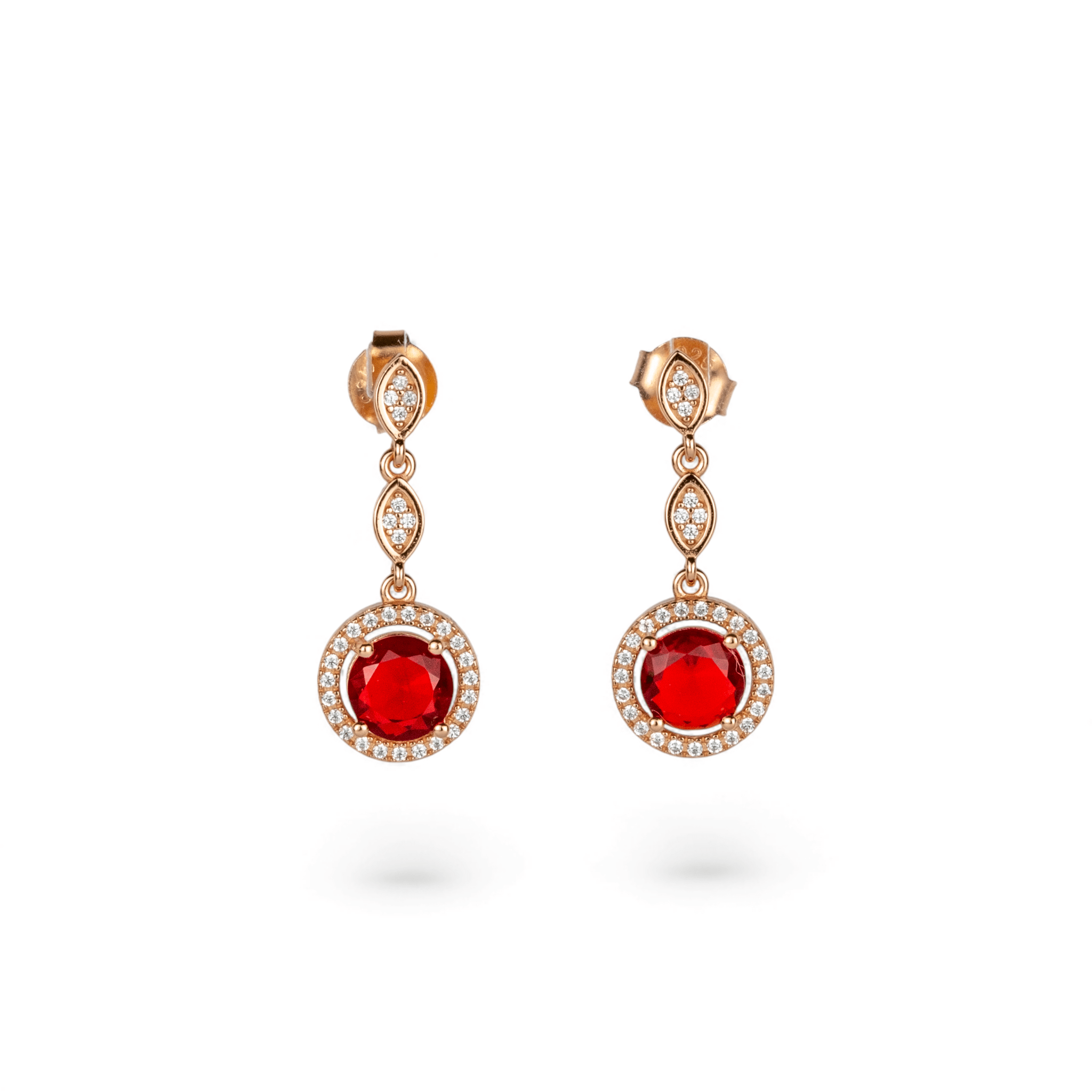 Rose Gold Ruby Red Halo Drop Earrings - Miraura Jewels