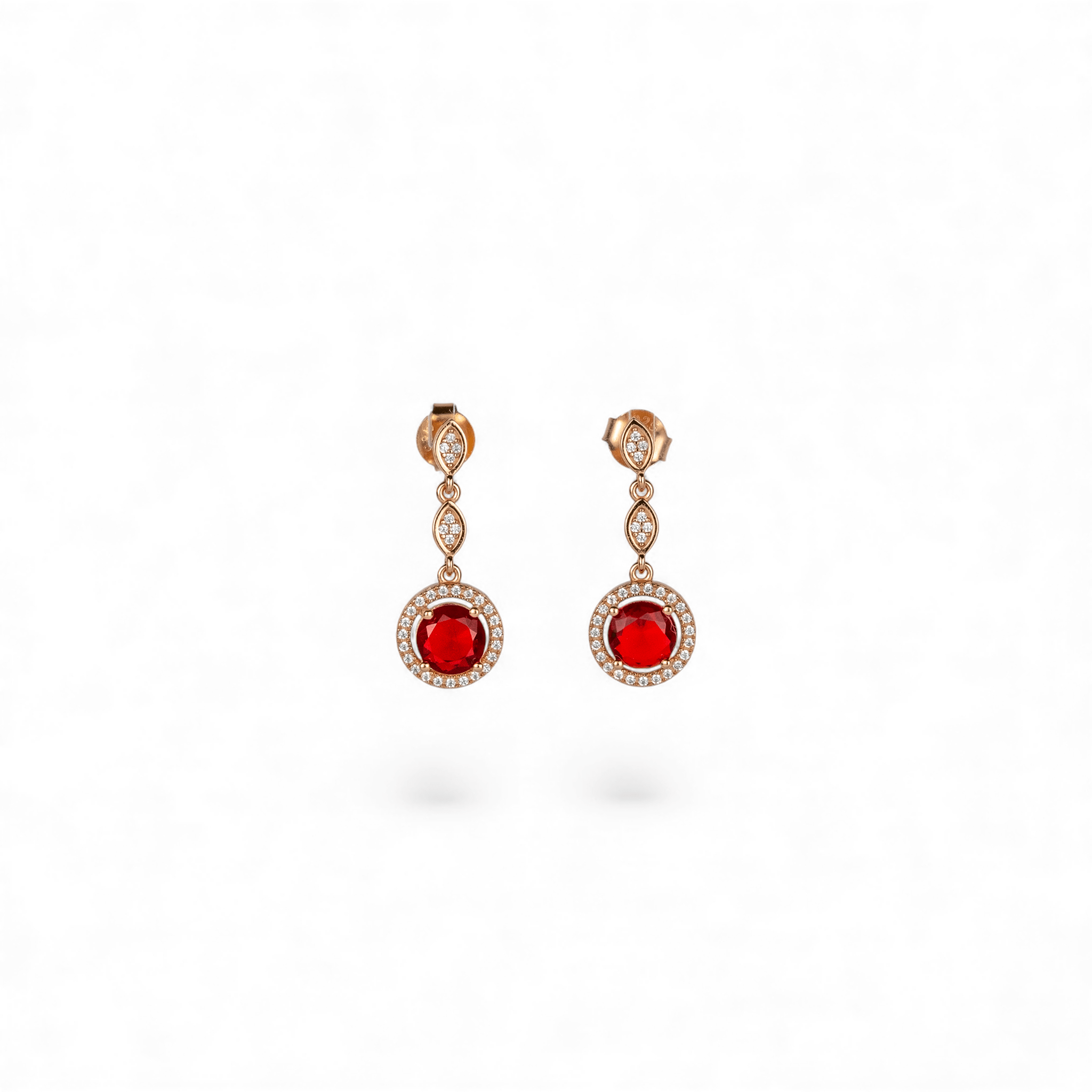 Rose Gold Ruby Red Halo Drop Earrings - Miraura Jewels