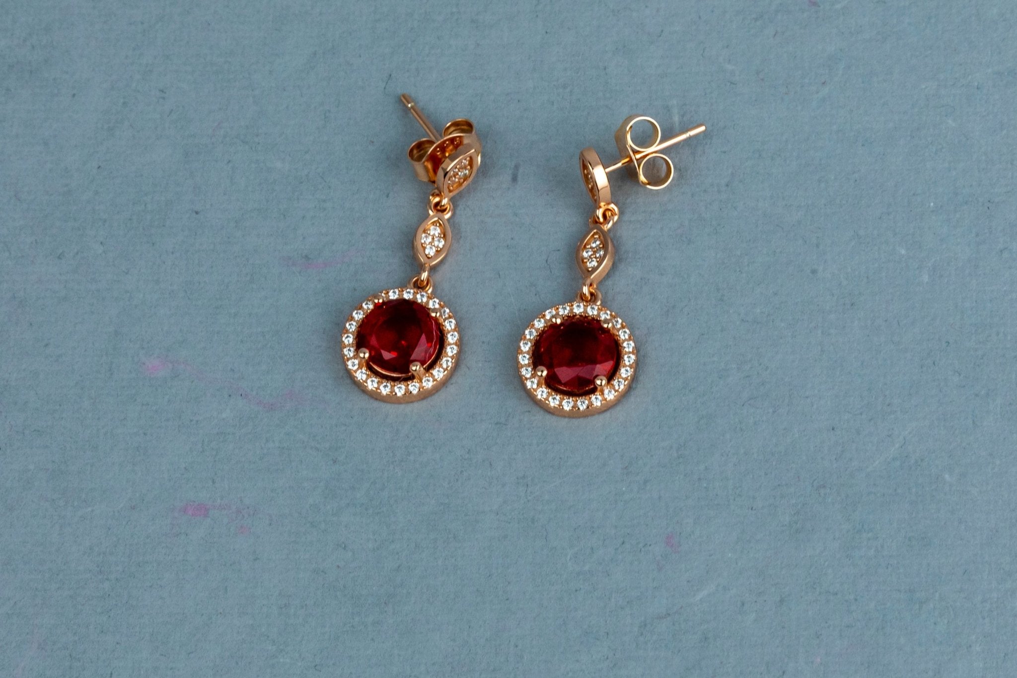 Rose Gold Ruby Red Halo Drop Earrings - Miraura Jewels