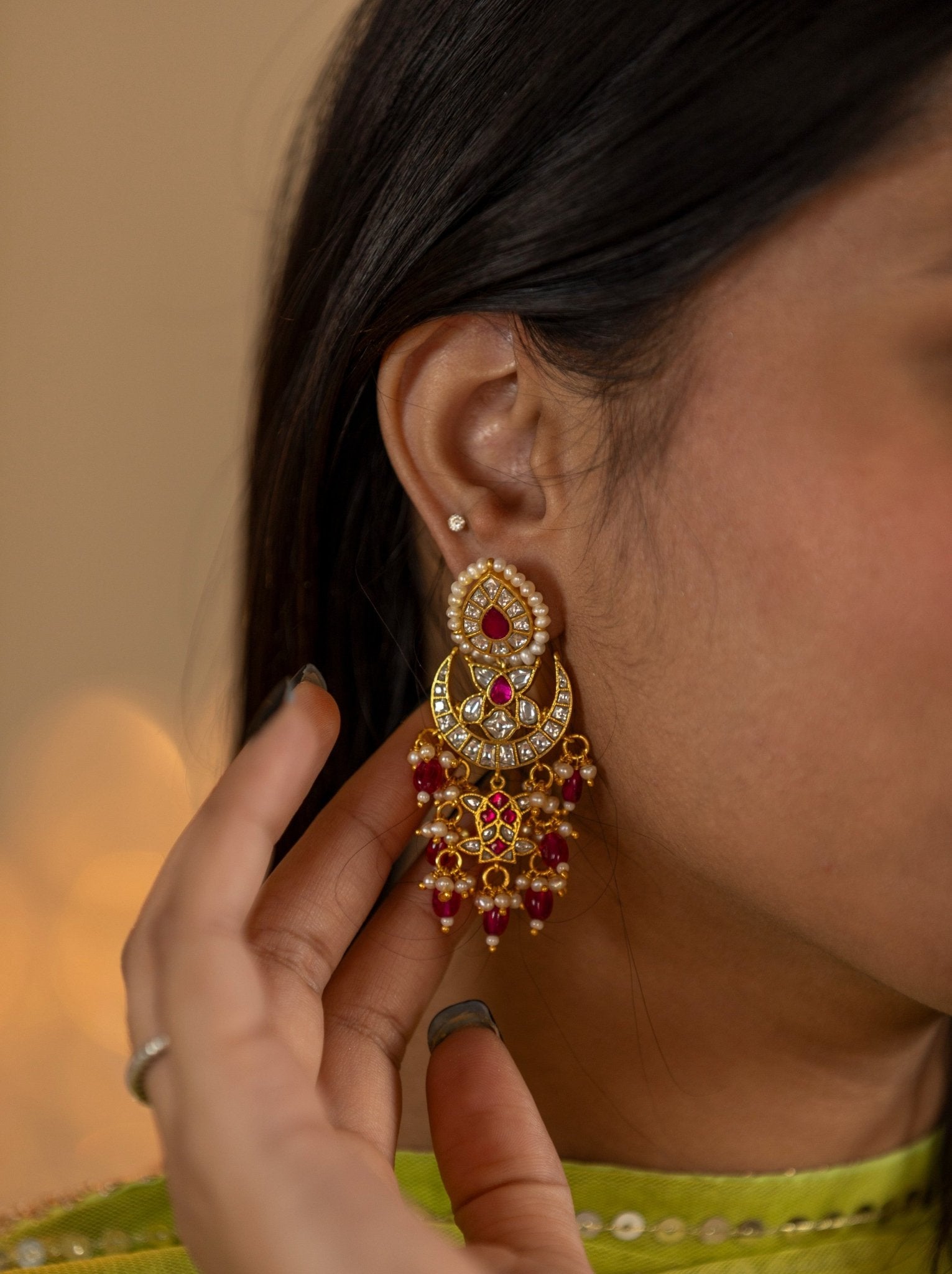 Ruby Red & Pearl Gold - Plated Chandbali Earrings - Miraura Jewels