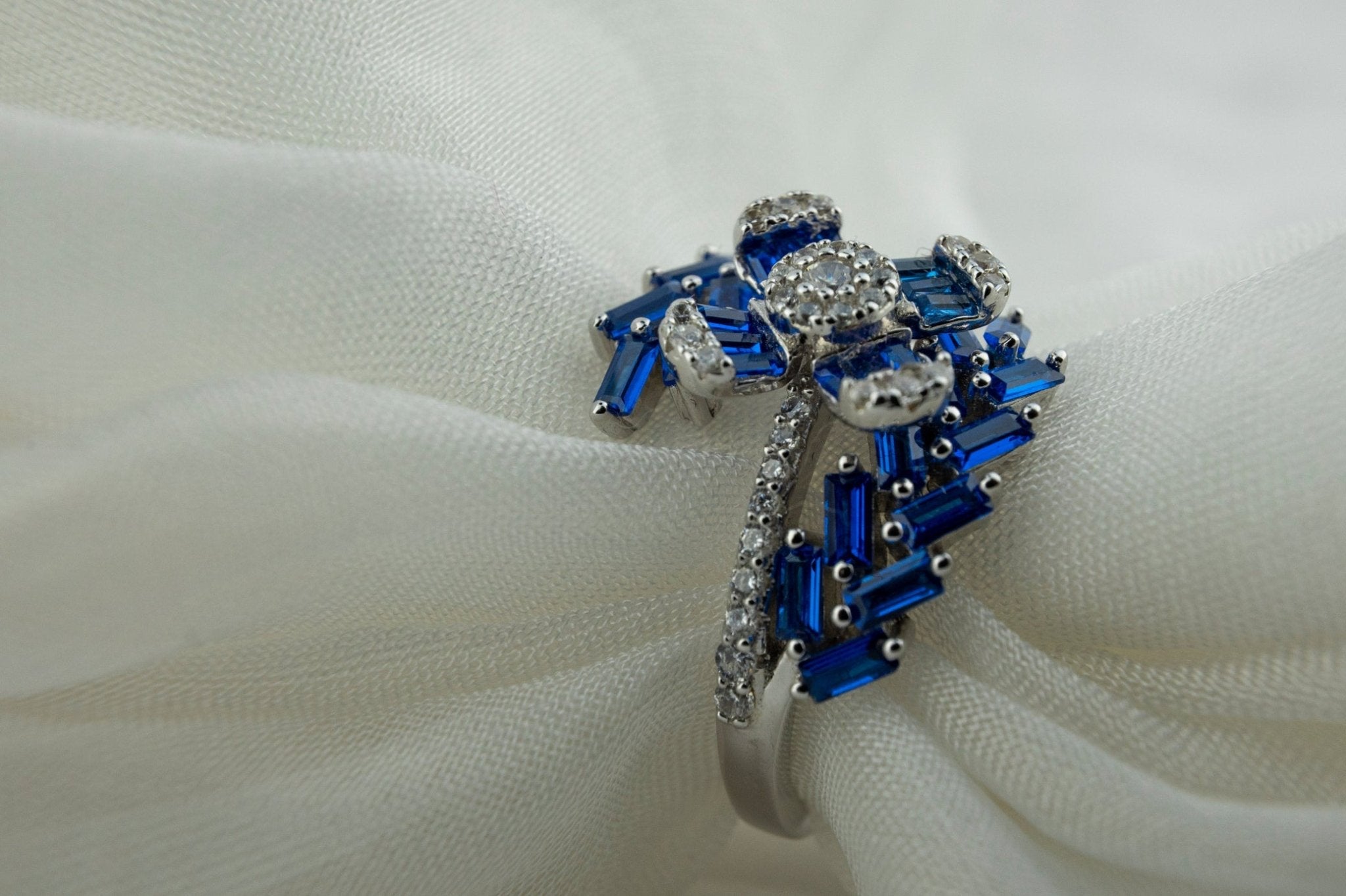 Sapphire - Blue Baguette Bypass Ring - Miraura Jewels