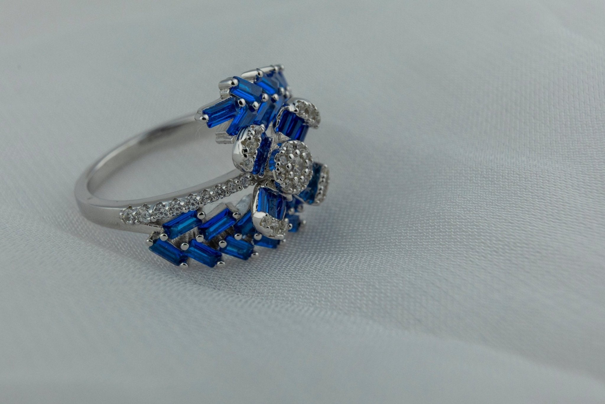 Sapphire - Blue Baguette Bypass Ring - Miraura Jewels