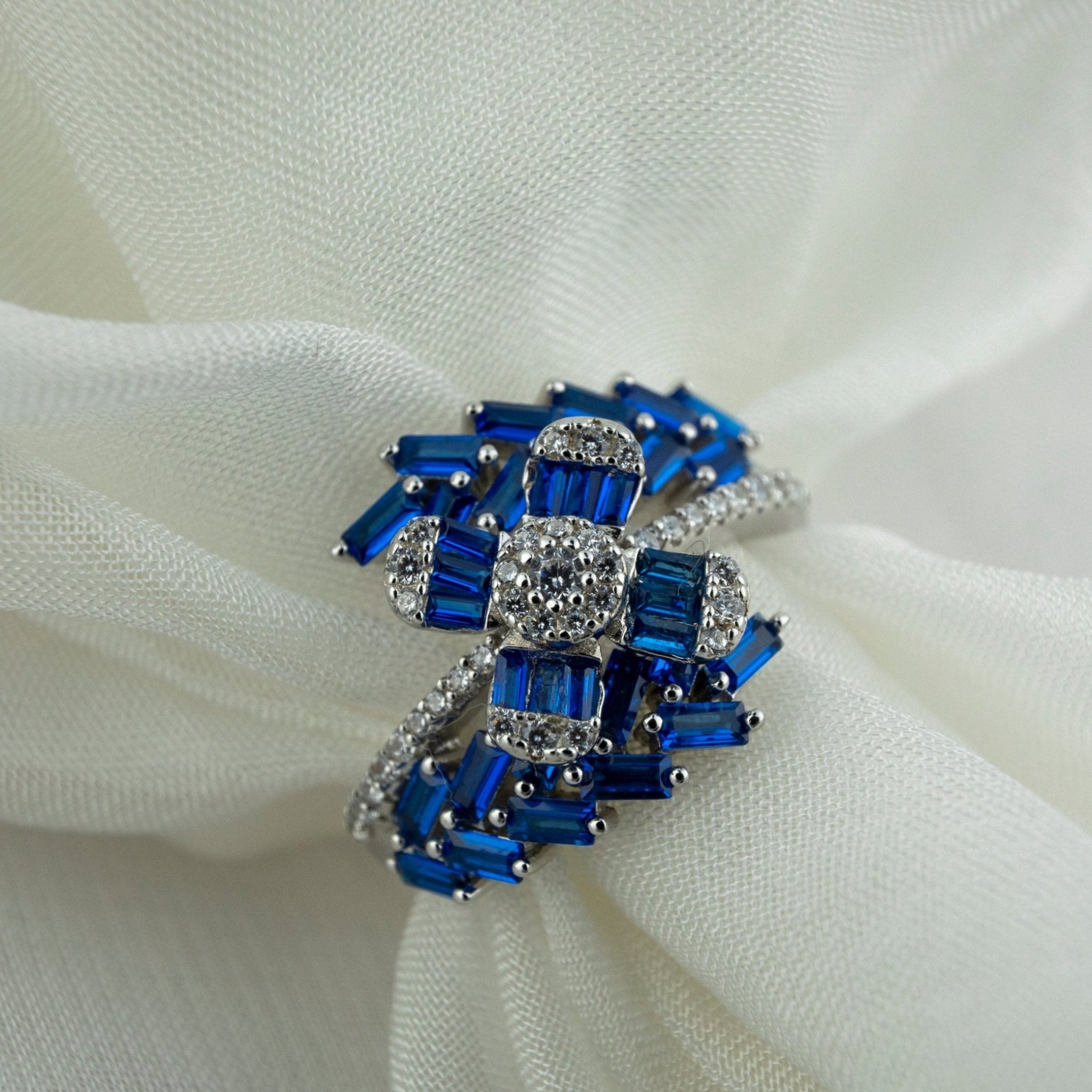 Sapphire - Blue Baguette Bypass Ring - Miraura Jewels