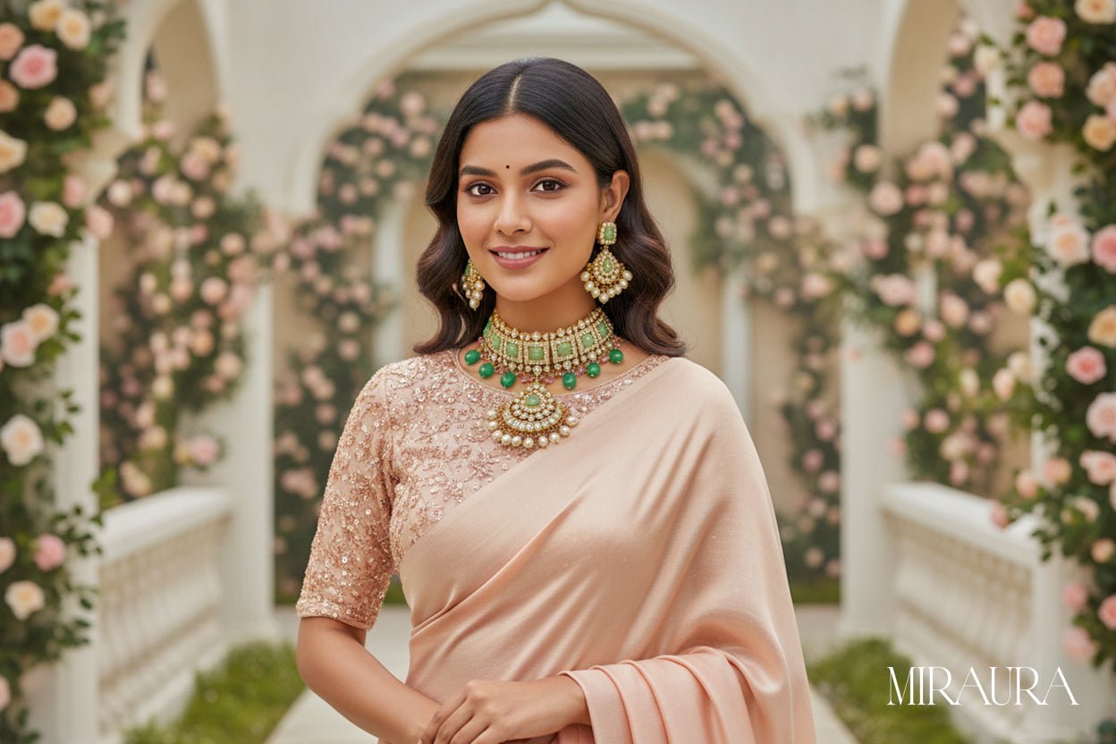 Silver Kundan Choker Necklace Set - Mint, Emerald & Pearl Accents - Miraura Jewels