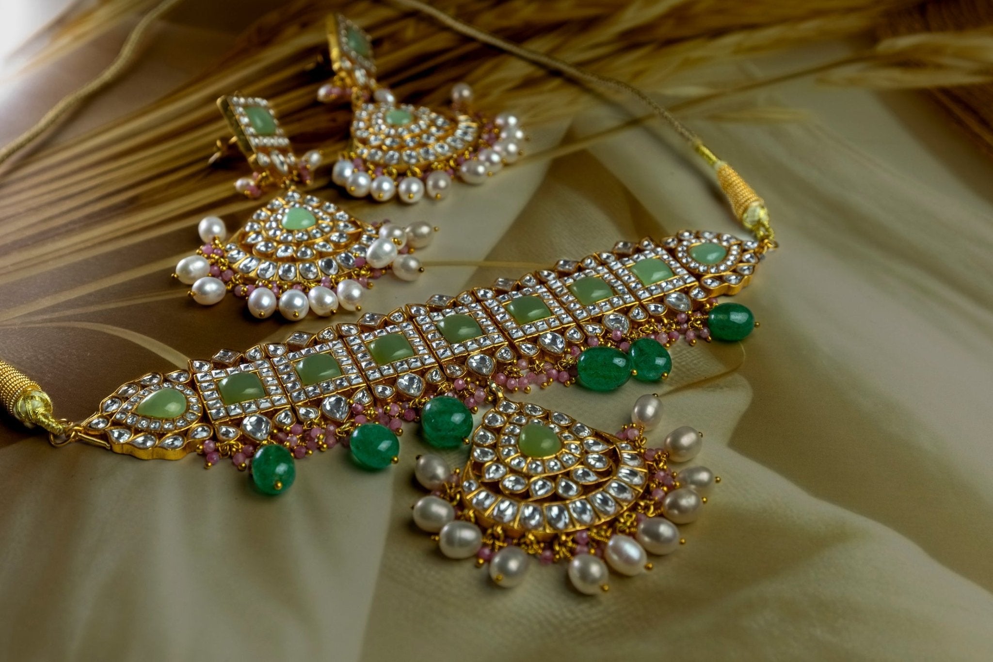 Silver Kundan Choker Necklace Set - Mint, Emerald & Pearl Accents - Miraura Jewels