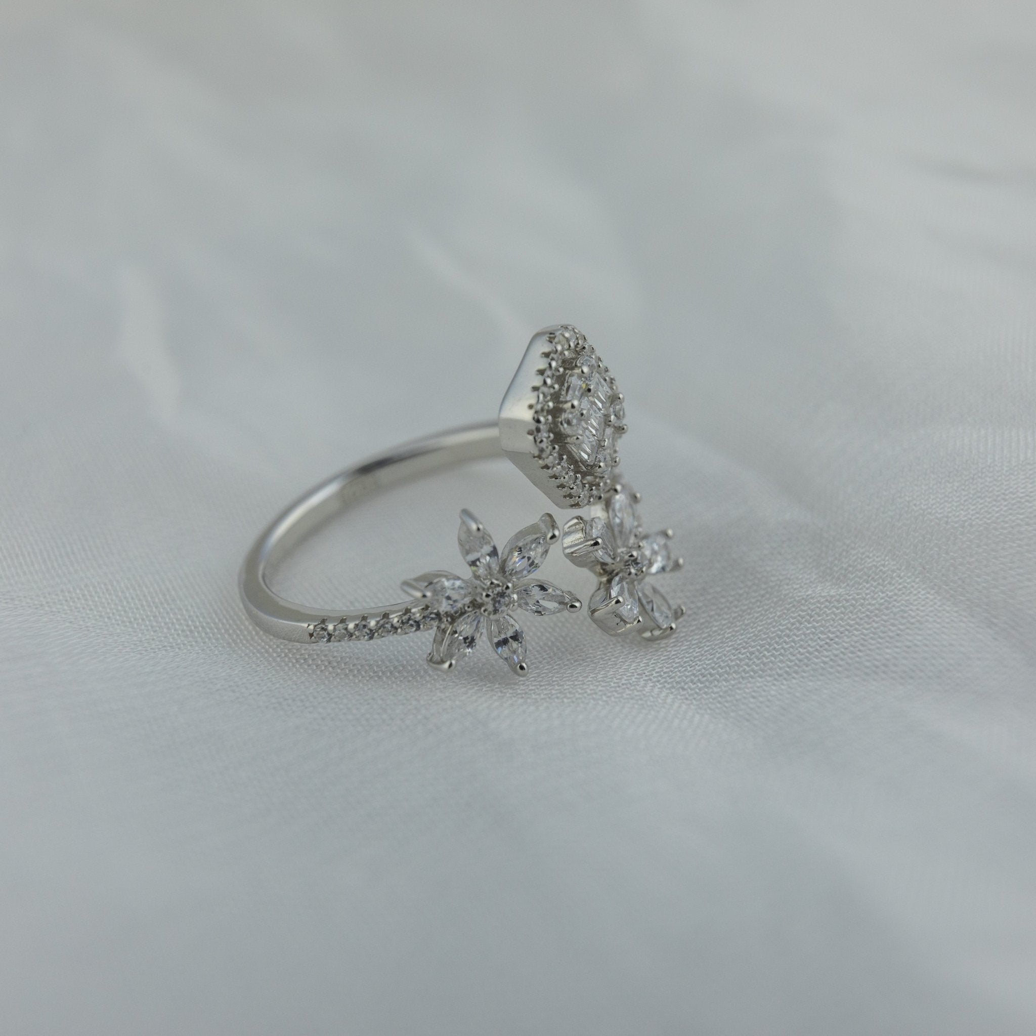 Silver - Tone Floral Bypass Ring - Miraura Jewels
