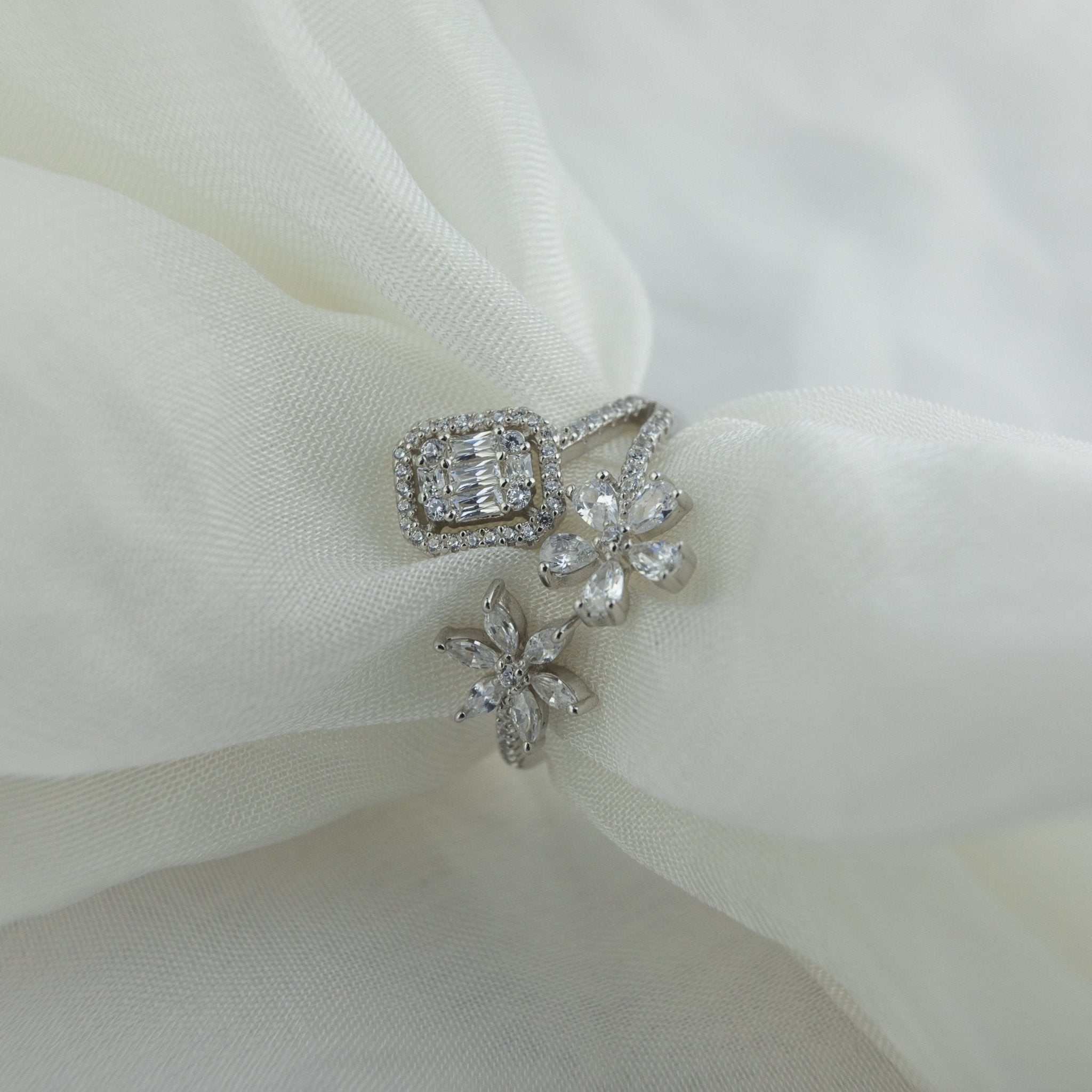 Silver - Tone Floral Bypass Ring - Miraura Jewels