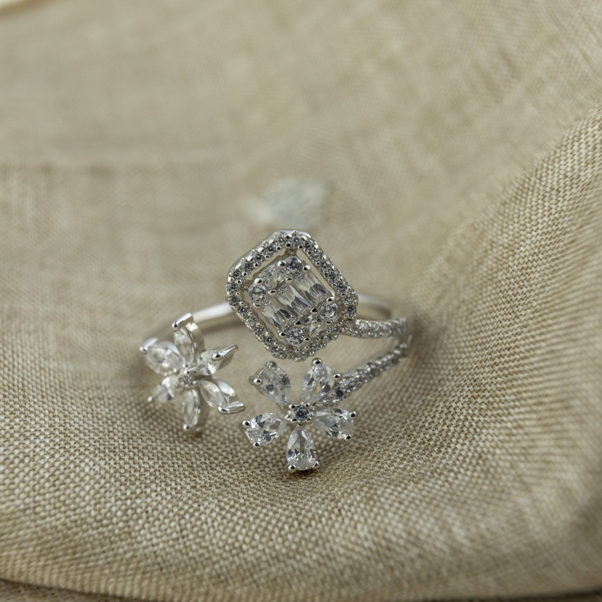 Silver - Tone Floral Bypass Ring - Miraura Jewels