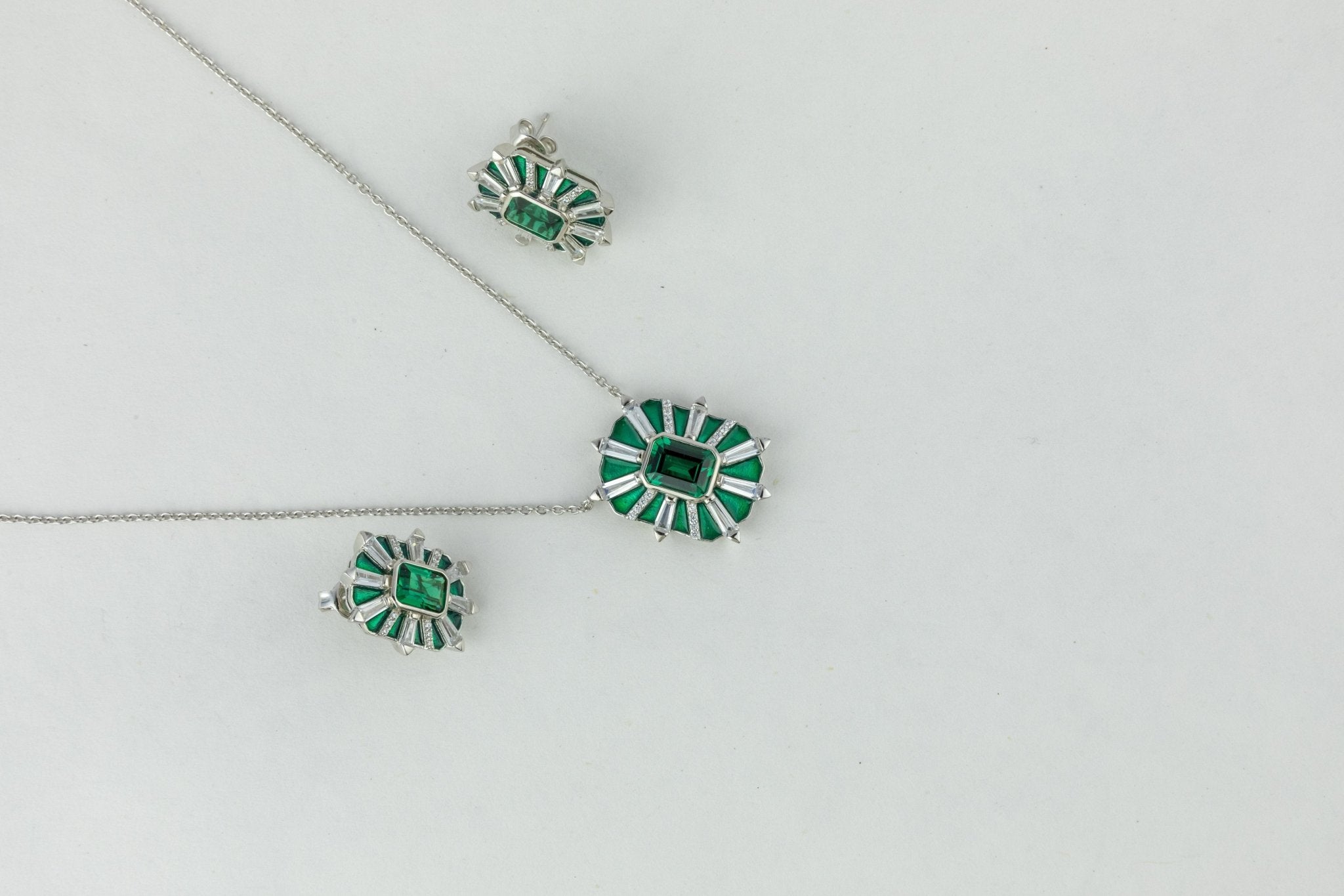 Starburst Green Enamel and Emerald Pendant Set - Miraura Jewels