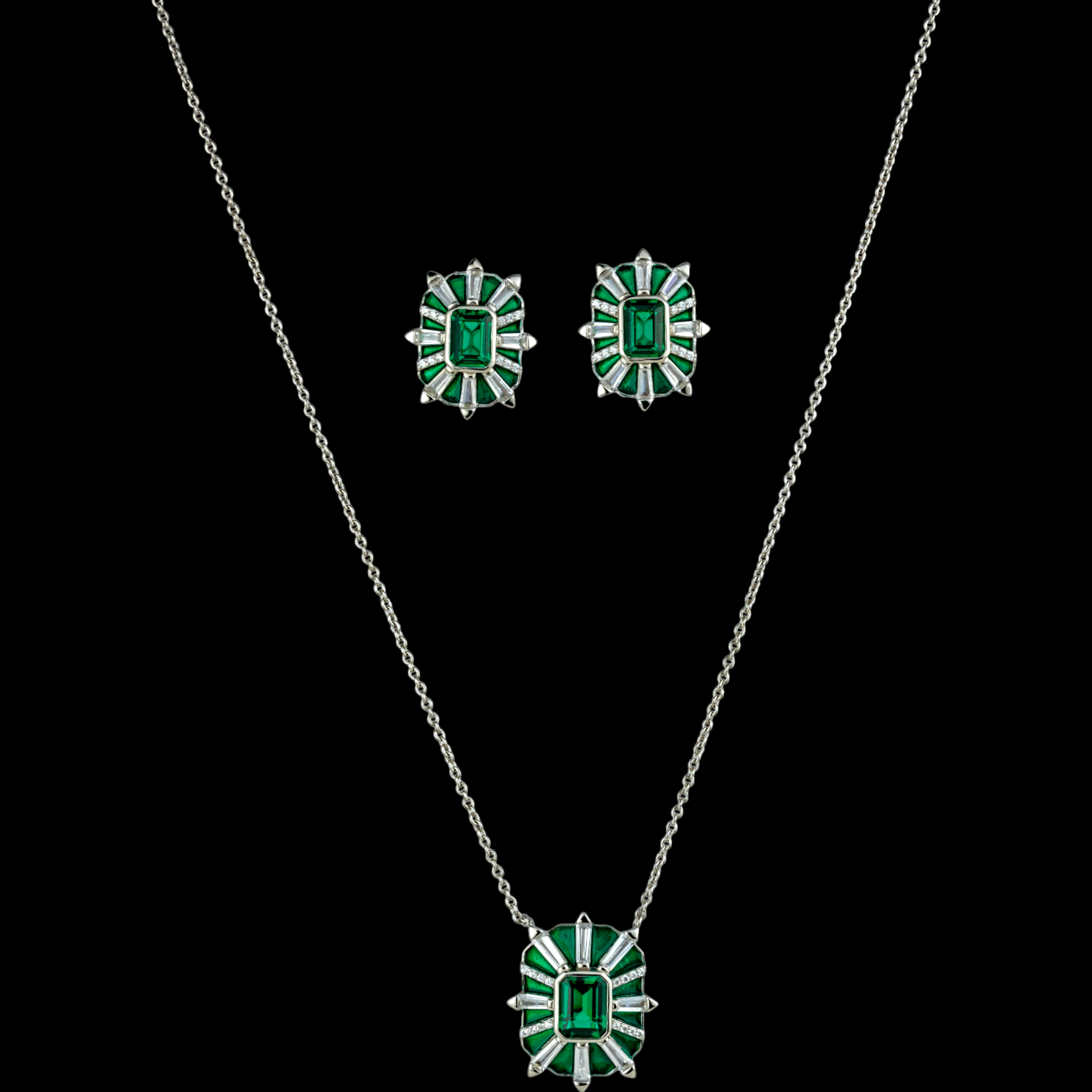 Starburst Green Enamel and Emerald Pendant Set - Miraura Jewels