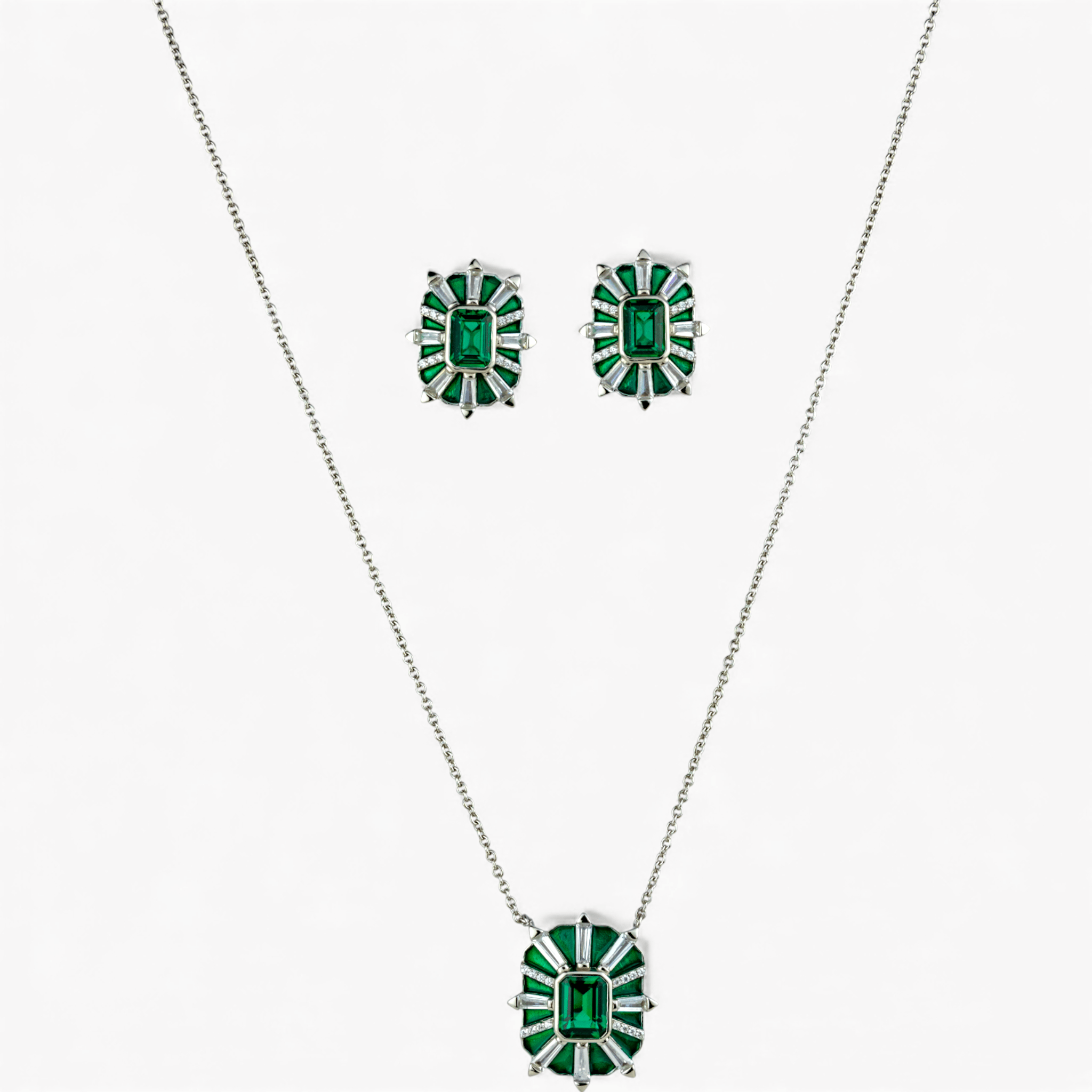 Starburst Green Enamel and Emerald Pendant Set - Miraura Jewels