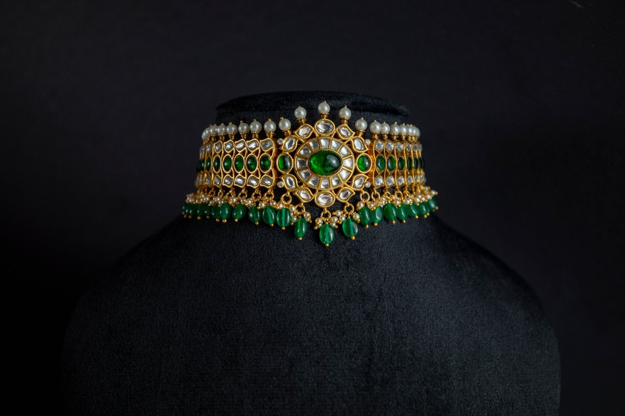 The Rajwada Heritage Choker – Gold Plated Silver Kundan with Green Stones. - Miraura Jewels