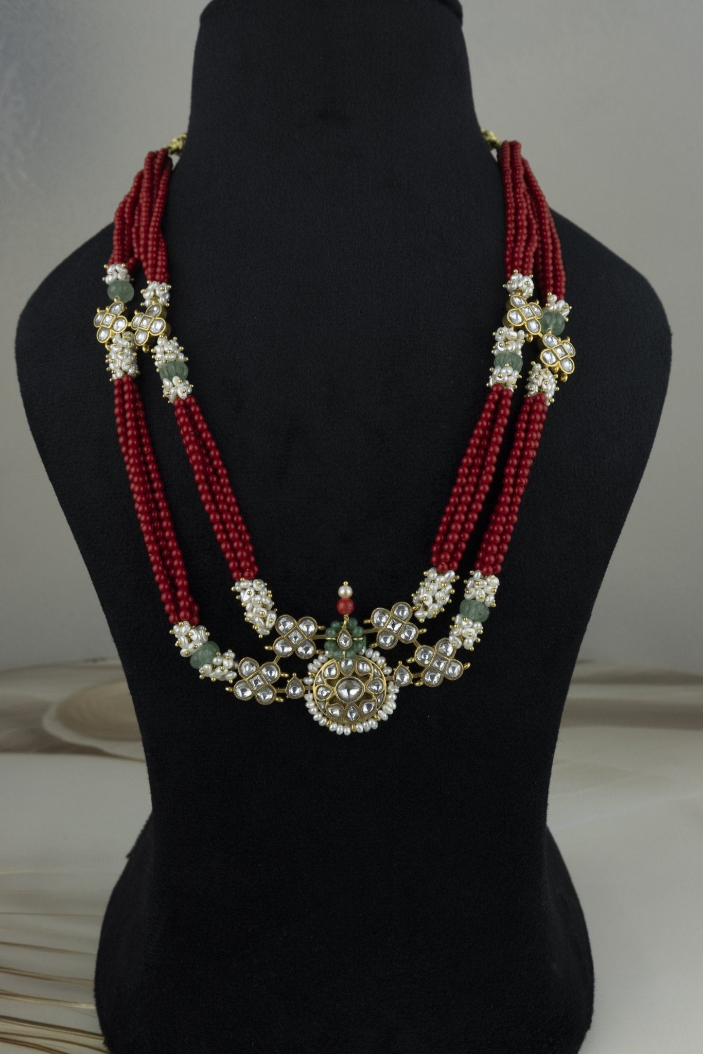 Traditional Layered Kundan Necklace with Red Beads - Miraura Jewels