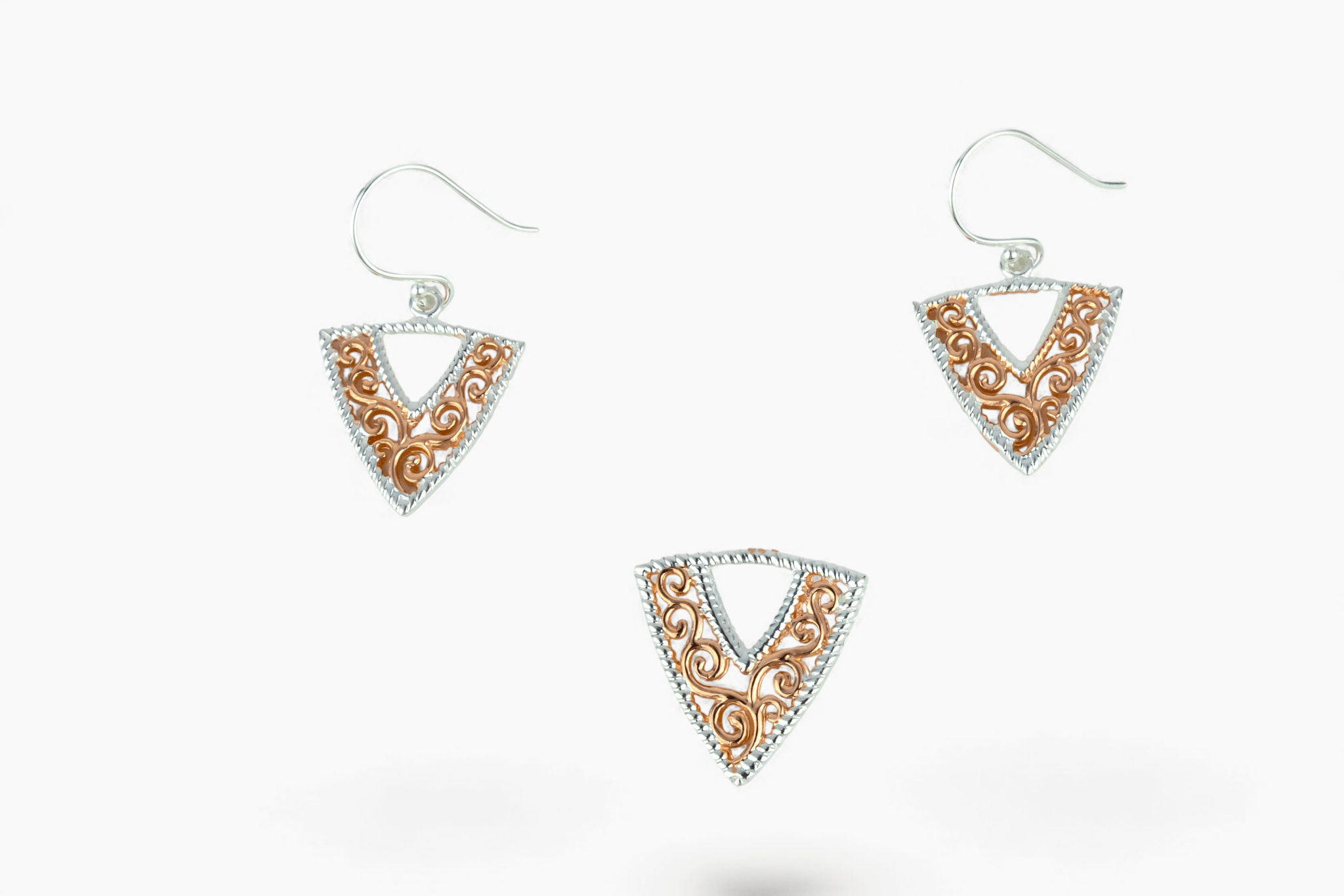 Two - Tone Filigree Triangle Pendant Set - Miraura Jewels