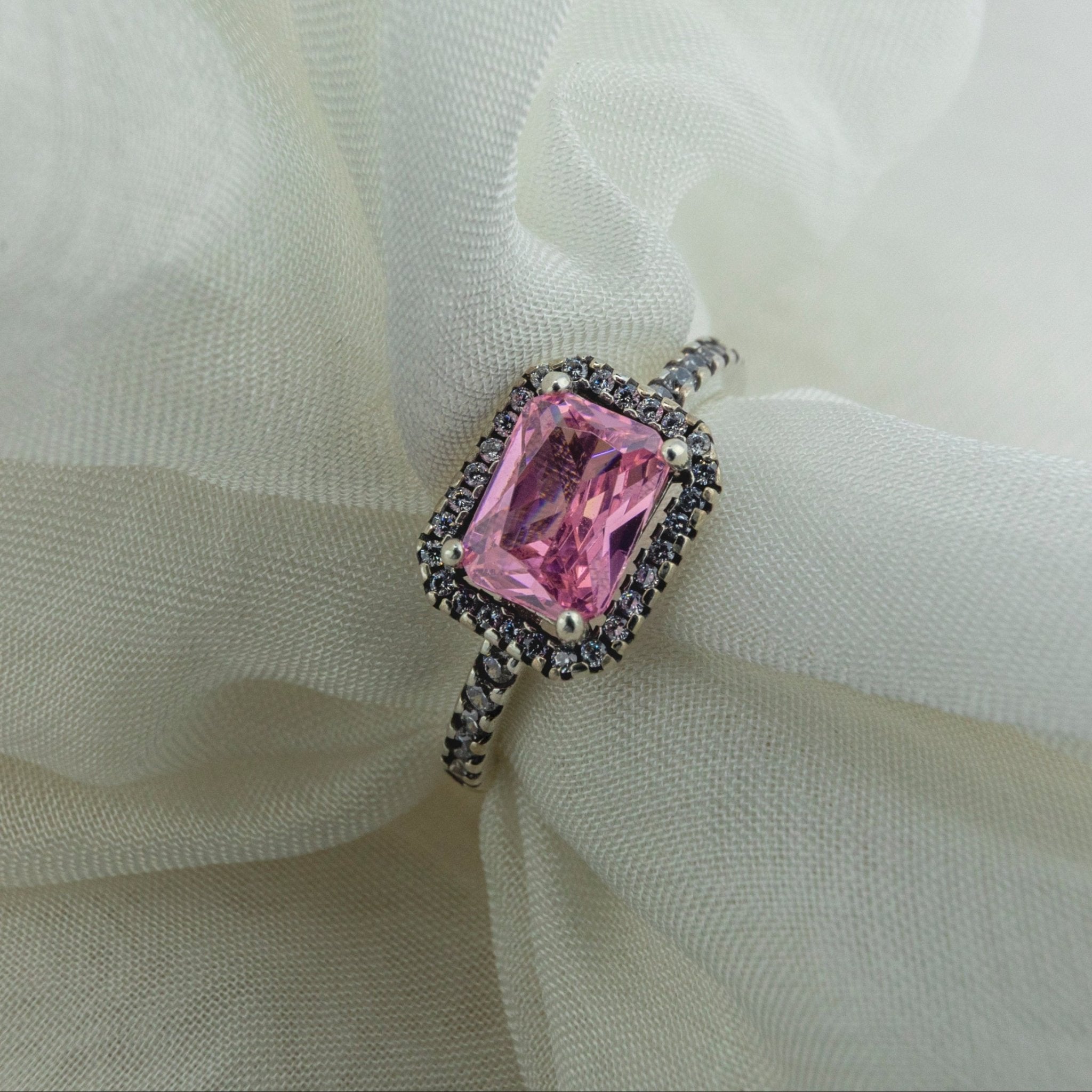 Vibrant Pink Gemstone Ring with Dark Halo - Miraura Jewels